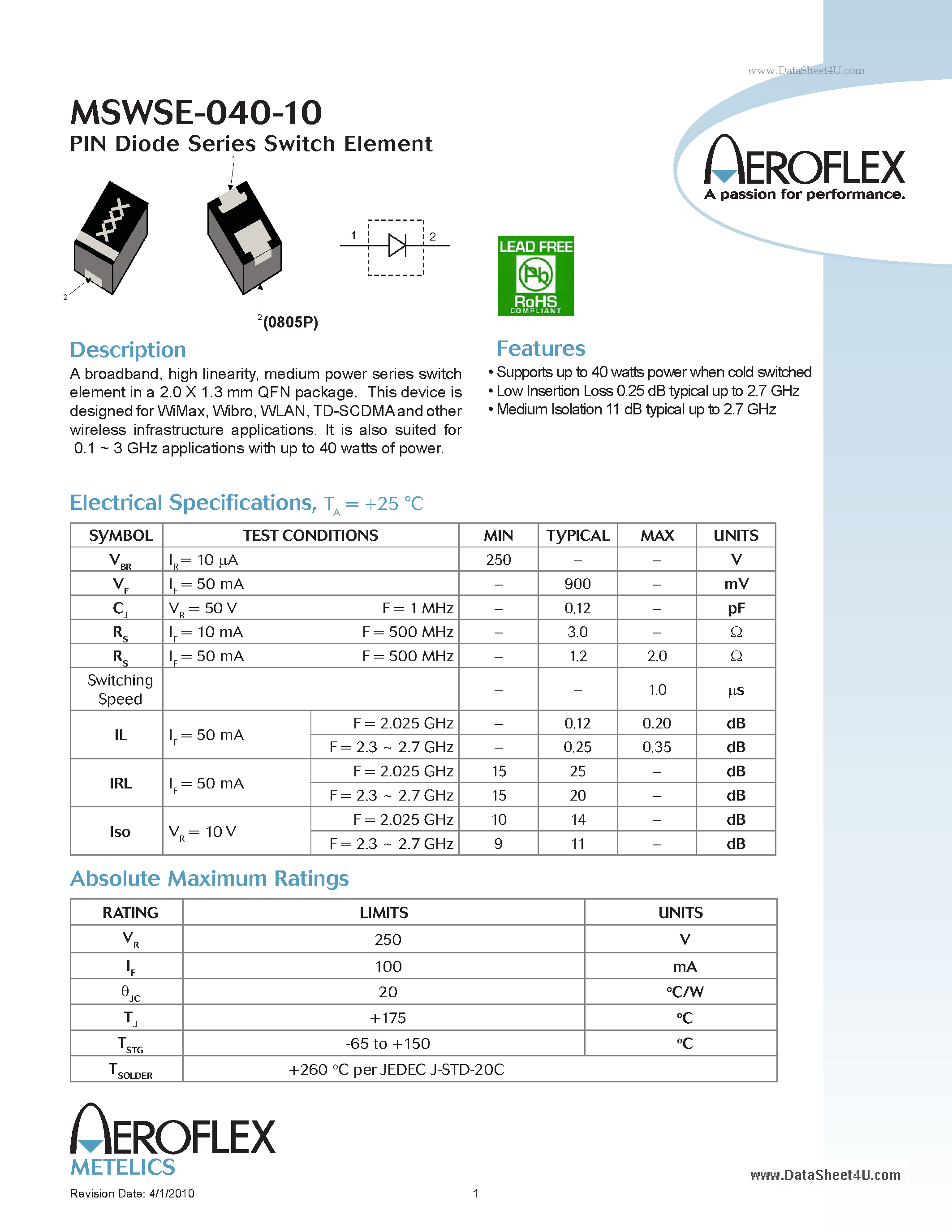 Datasheet MSWSE-040-10 page 1 Datasheet MSWSE-040-10 - PIN Diode Series Switch Element page 1