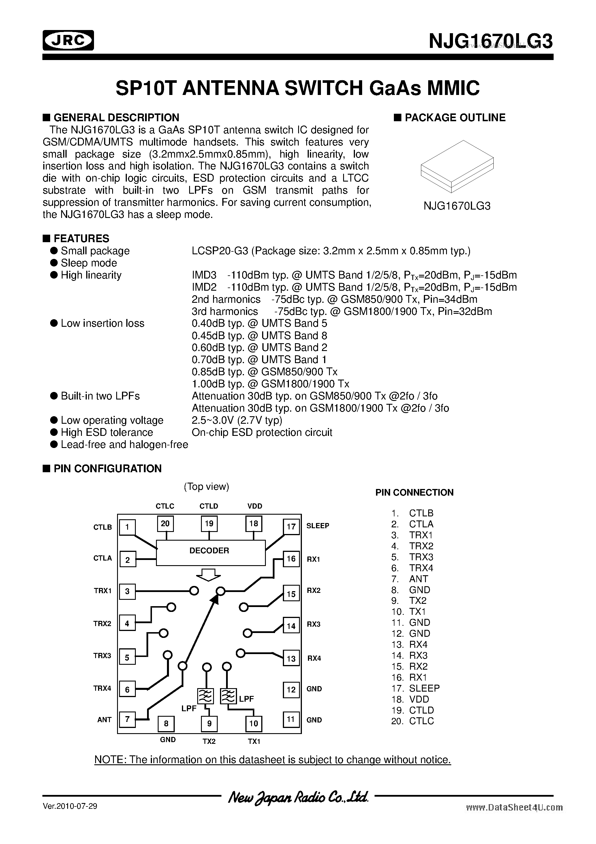 Datasheet NJG1670LG3 page 1 Datasheet NJG1670LG3 - SP10T ANTENNA SWITCH GaAs MMIC page 1