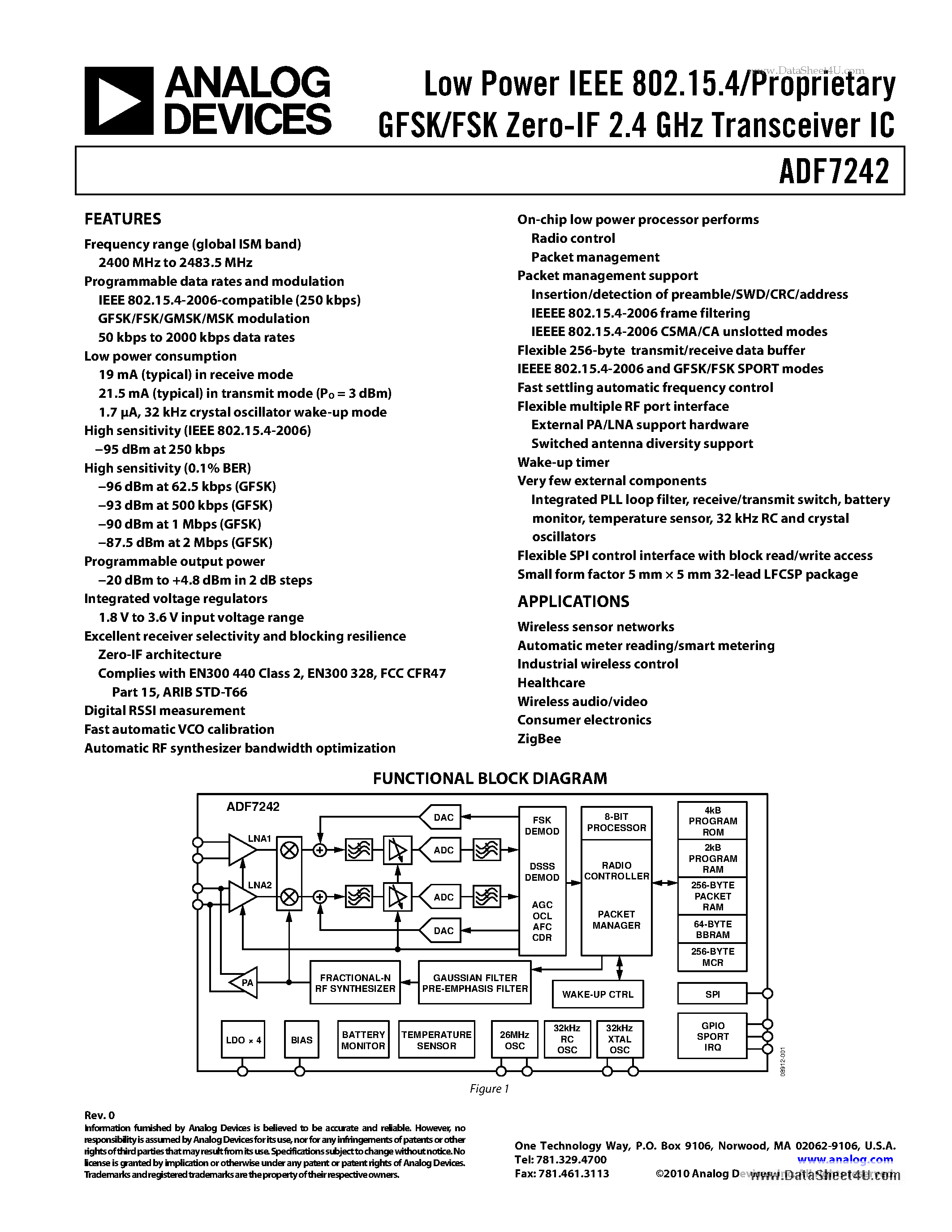 Datasheet ADF7242 - Low Power IEEE 802.15.4/Proprietary GFSK/FSK Zero-IF 2.4 GHz Transceiver IC page 1