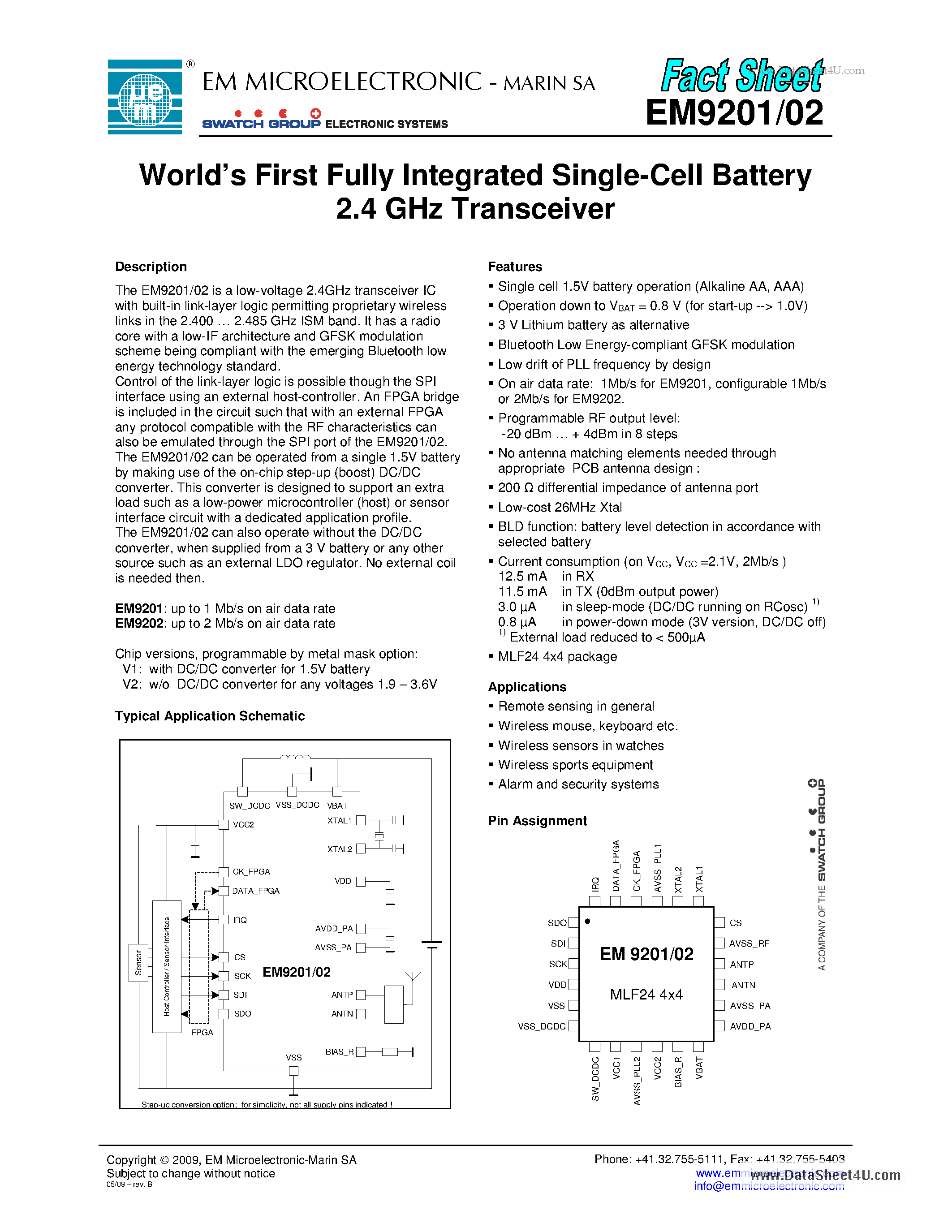 Datasheet EM9201 - Worlds First Fully Integrated Single-Cell Battery 2.4GHz Transceiver page 1