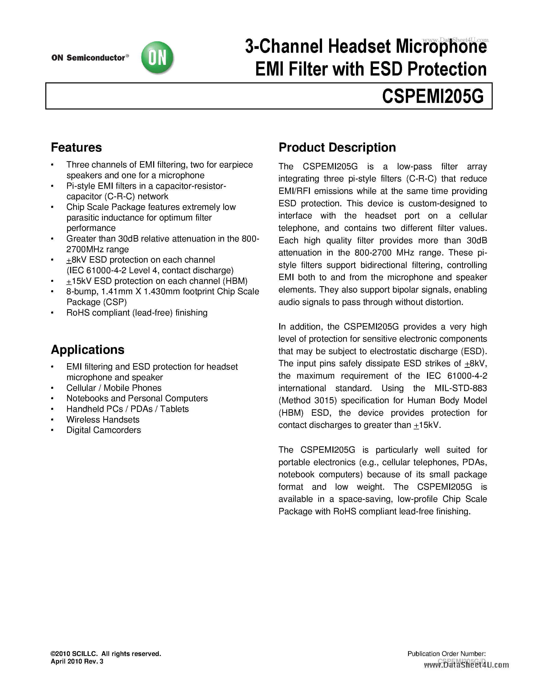 Datasheet CSPEMI205G page 1 Datasheet CSPEMI205G - 3-Channel Headset Microphone EMI Filter page 1