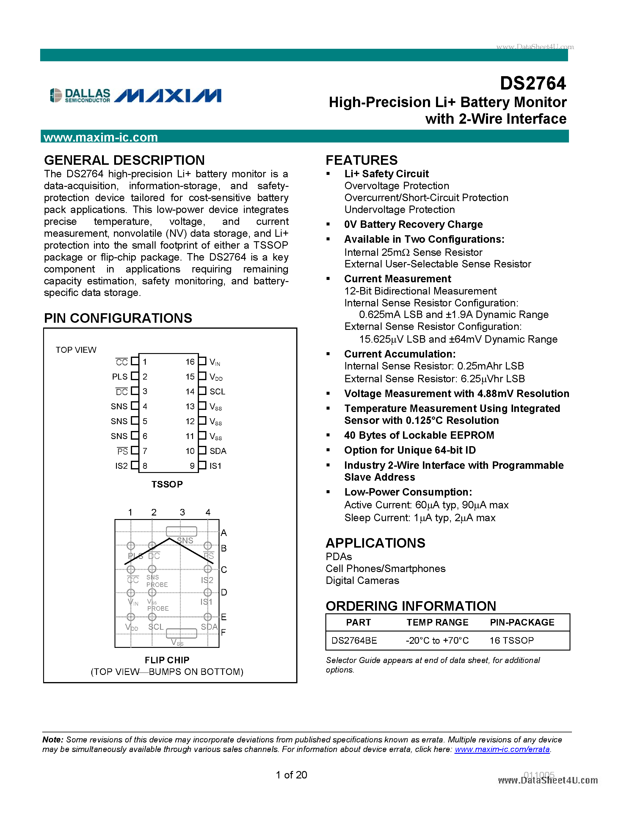 Datasheet DS2764 - High-Precision Li+ Battery Monitor page 1