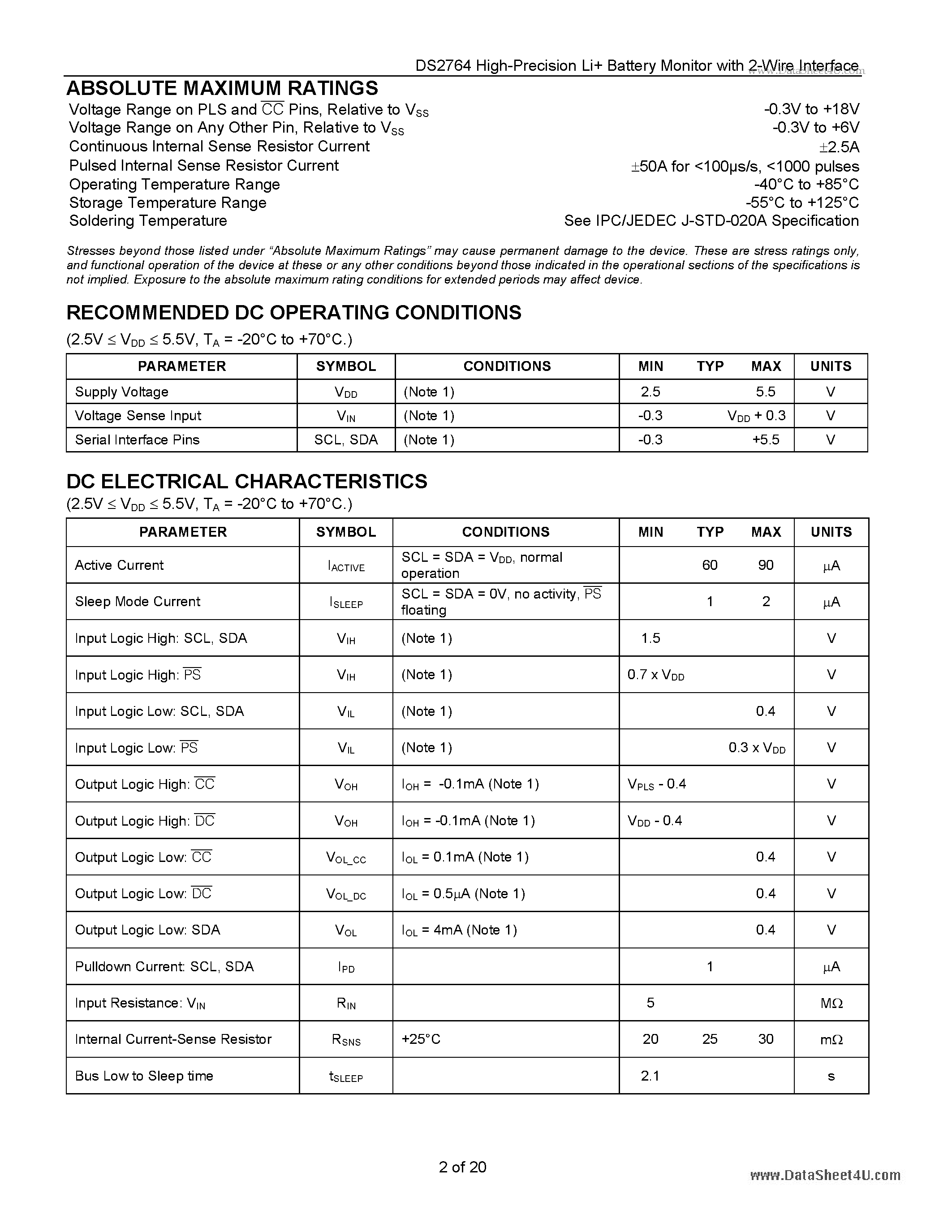 Datasheet DS2764 - High-Precision Li+ Battery Monitor page 2