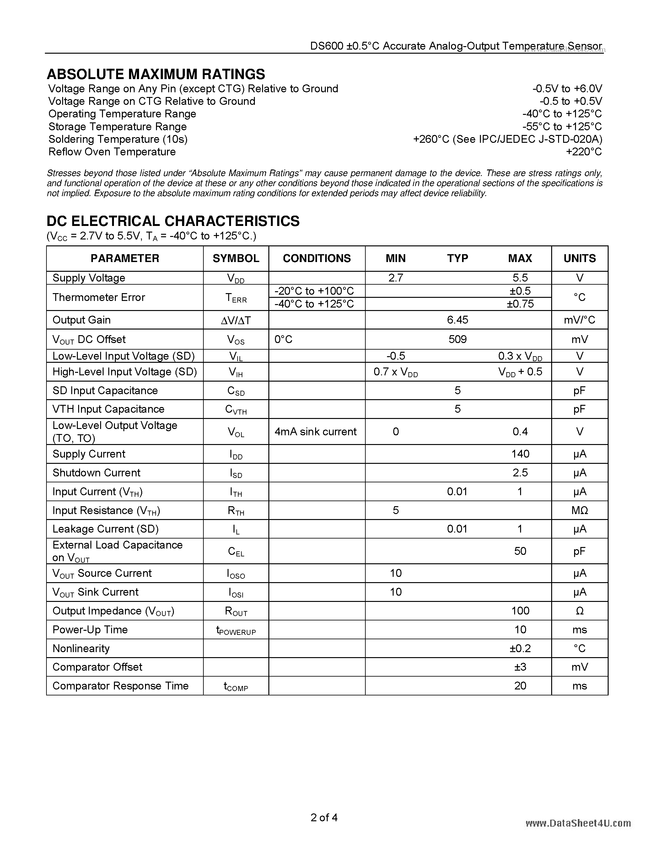 Datasheet DS600 page 2 Datasheet DS600 - +-0.5 Accurate Analog-Output Temperature Sensor page 2