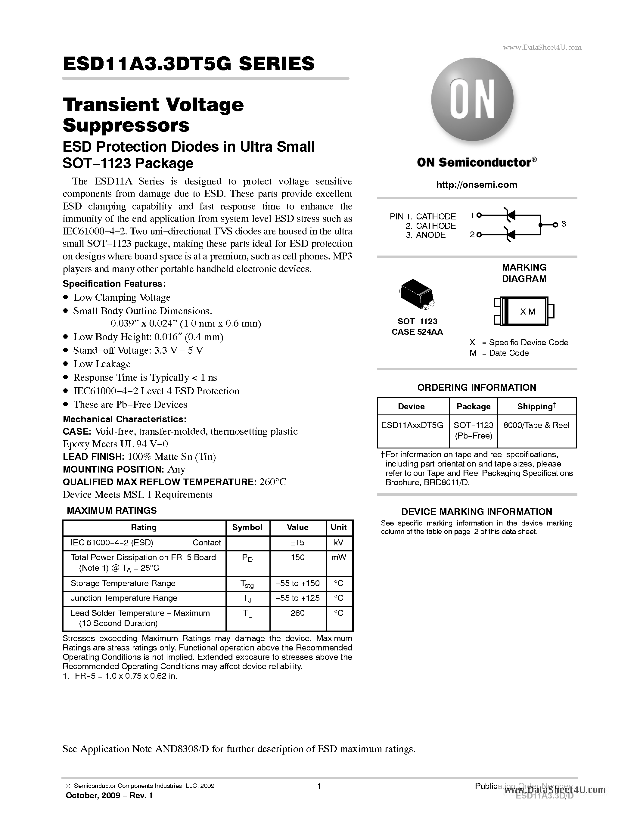 Даташит на микросхему ESD11A3.3DT5G страница 1 Даташит ESD11A3.3DT5G - Transient Voltage Suppressors ESD Protection Diodes страница 1