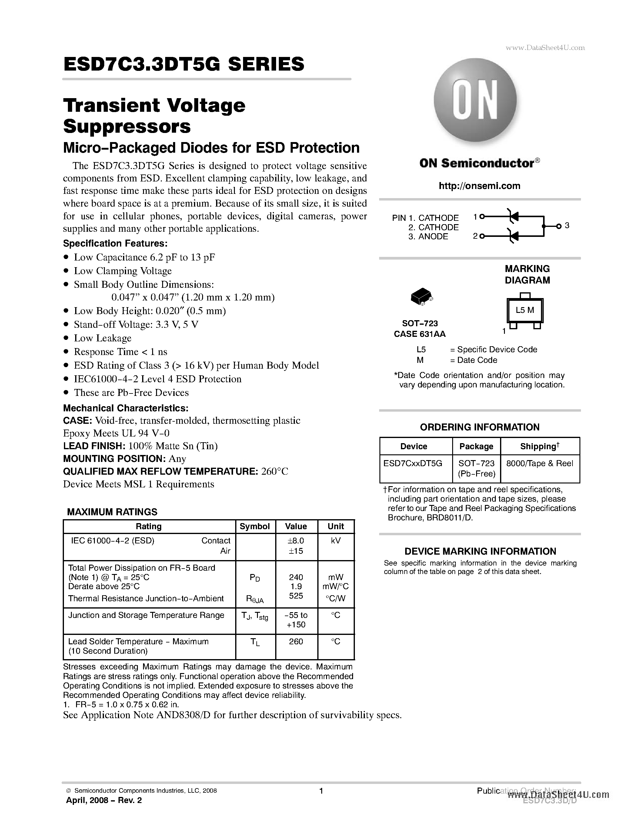 Даташит на микросхему ESD7C3.3DT5G страница 1 Даташит ESD7C3.3DT5G - Transient Voltage Suppressors Micro-Packaged Diodes страница 1