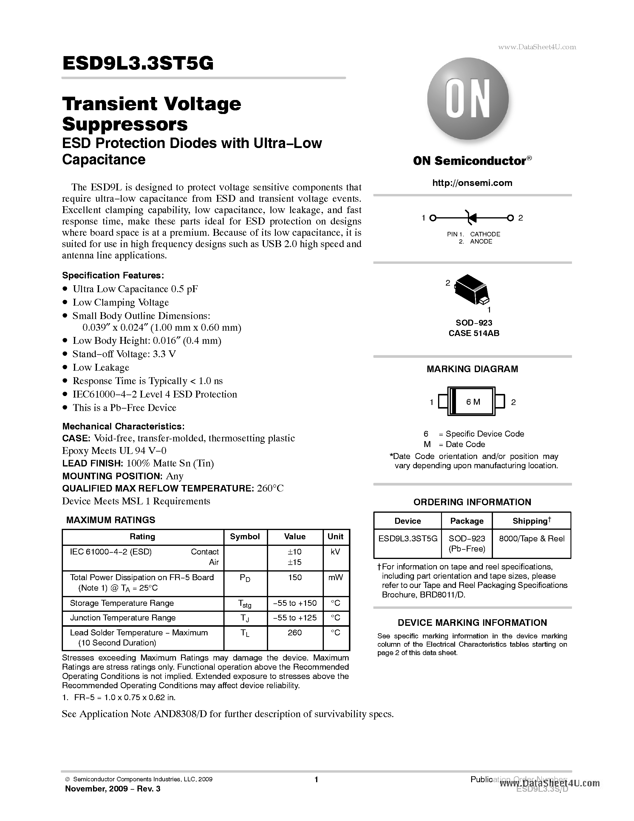 Даташит на микросхему ESD9L3.3ST5G страница 1 Даташит ESD9L3.3ST5G - Transient Voltage Suppressors ESD Protection Diodes страница 1