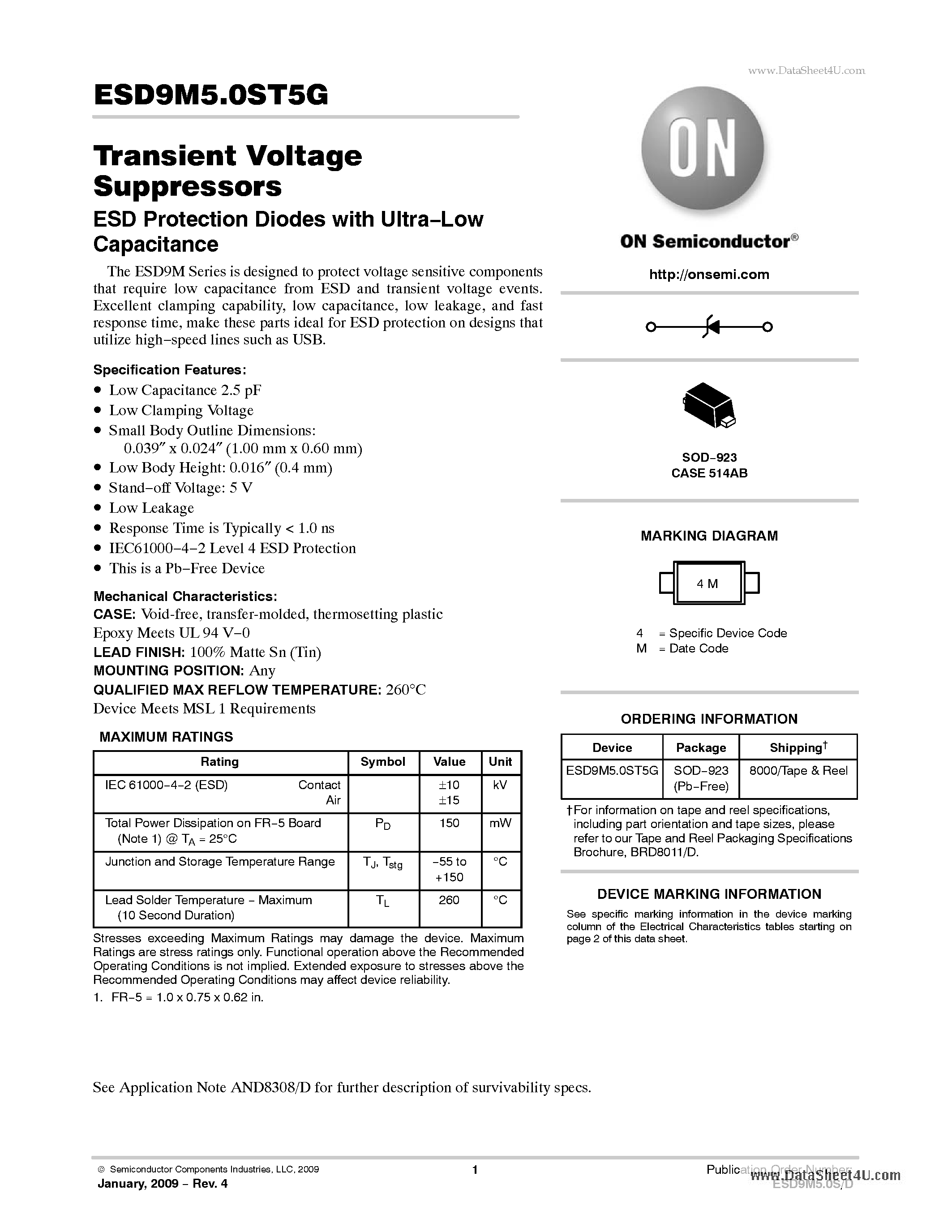 Даташит на микросхему ESD9M5.0ST5G страница 1 Даташит ESD9M5.0ST5G - Transient Voltage Suppressors ESD Protection Diodes страница 1