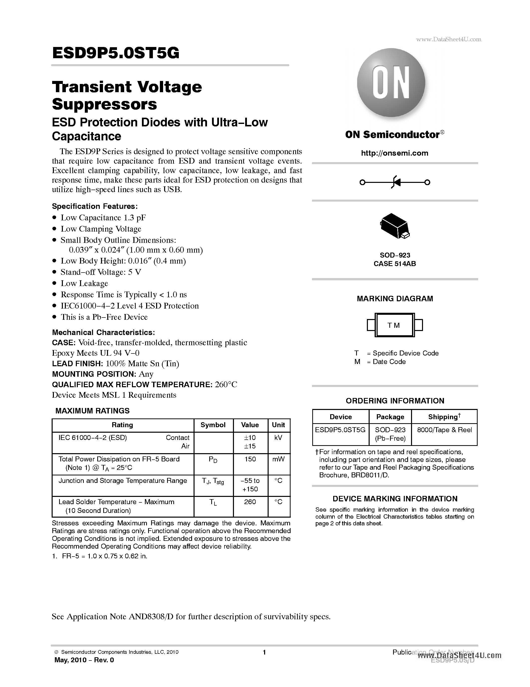 Даташит на микросхему ESD9P5.0ST5G страница 1 Даташит ESD9P5.0ST5G - Transient Voltage Suppressors ESD Protection Diodes страница 1
