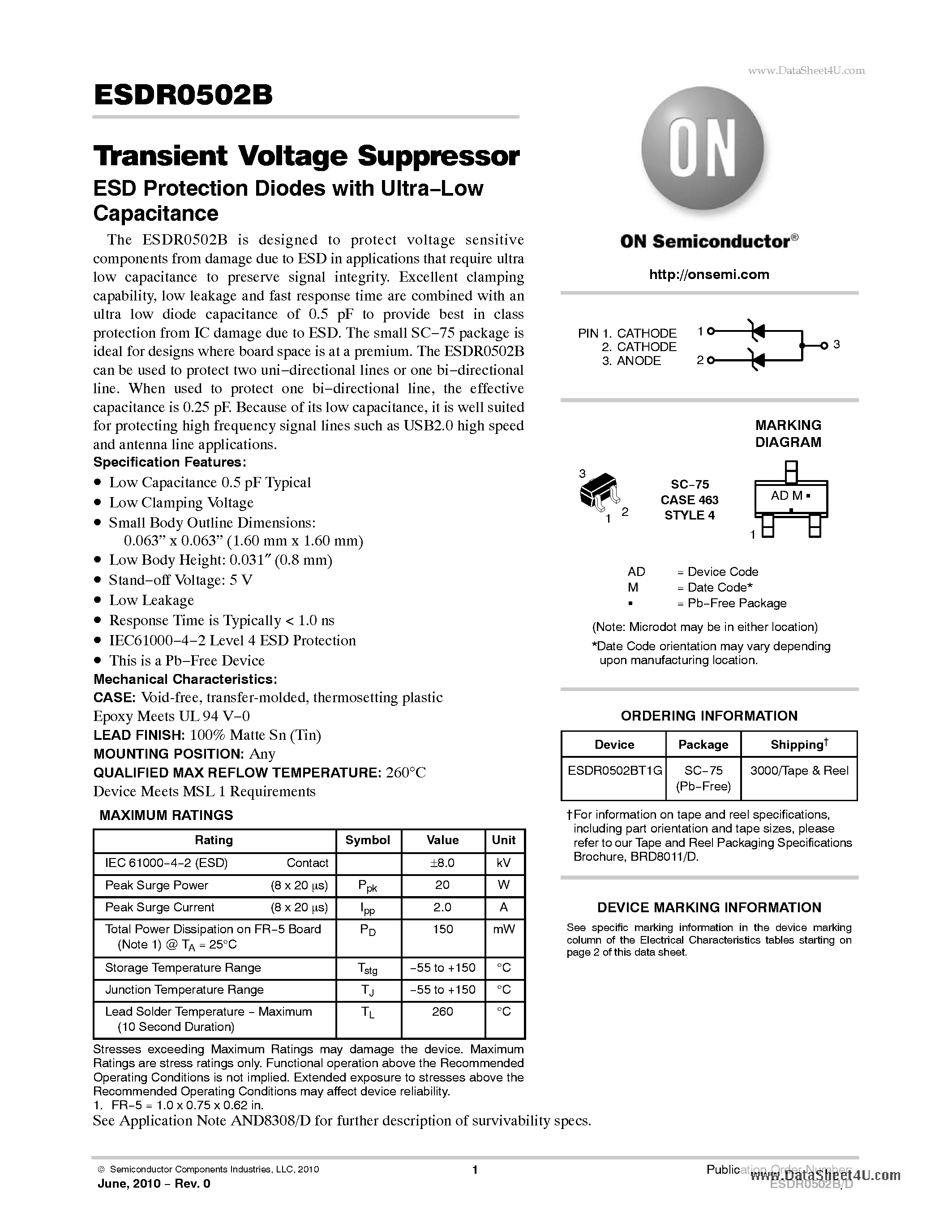 Даташит ESDR0502B - Transient Voltage Suppressors ESD Protection Diodes страница 1