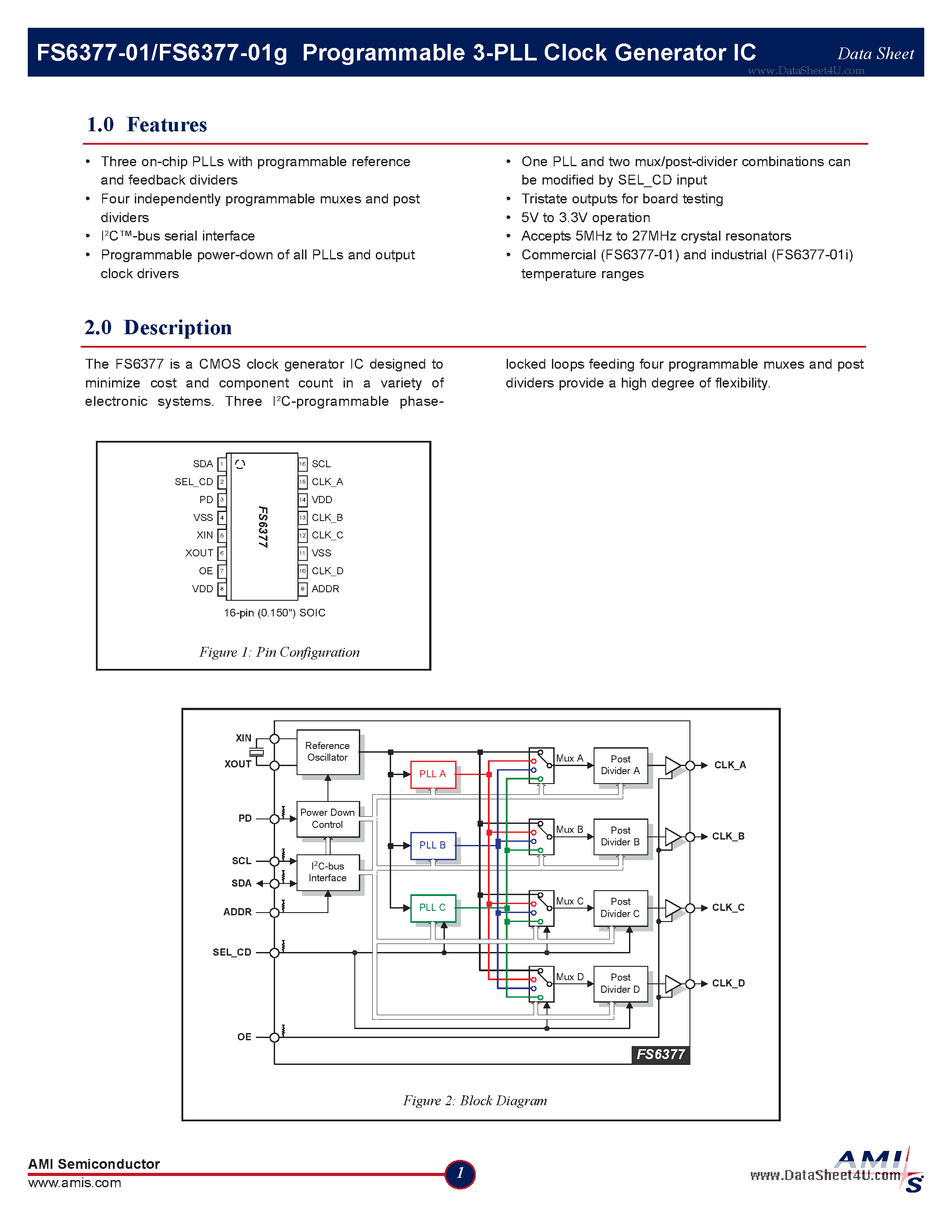 Даташит FS6377-01 - Programmable 3-PLL Clock Generator IC страница 1