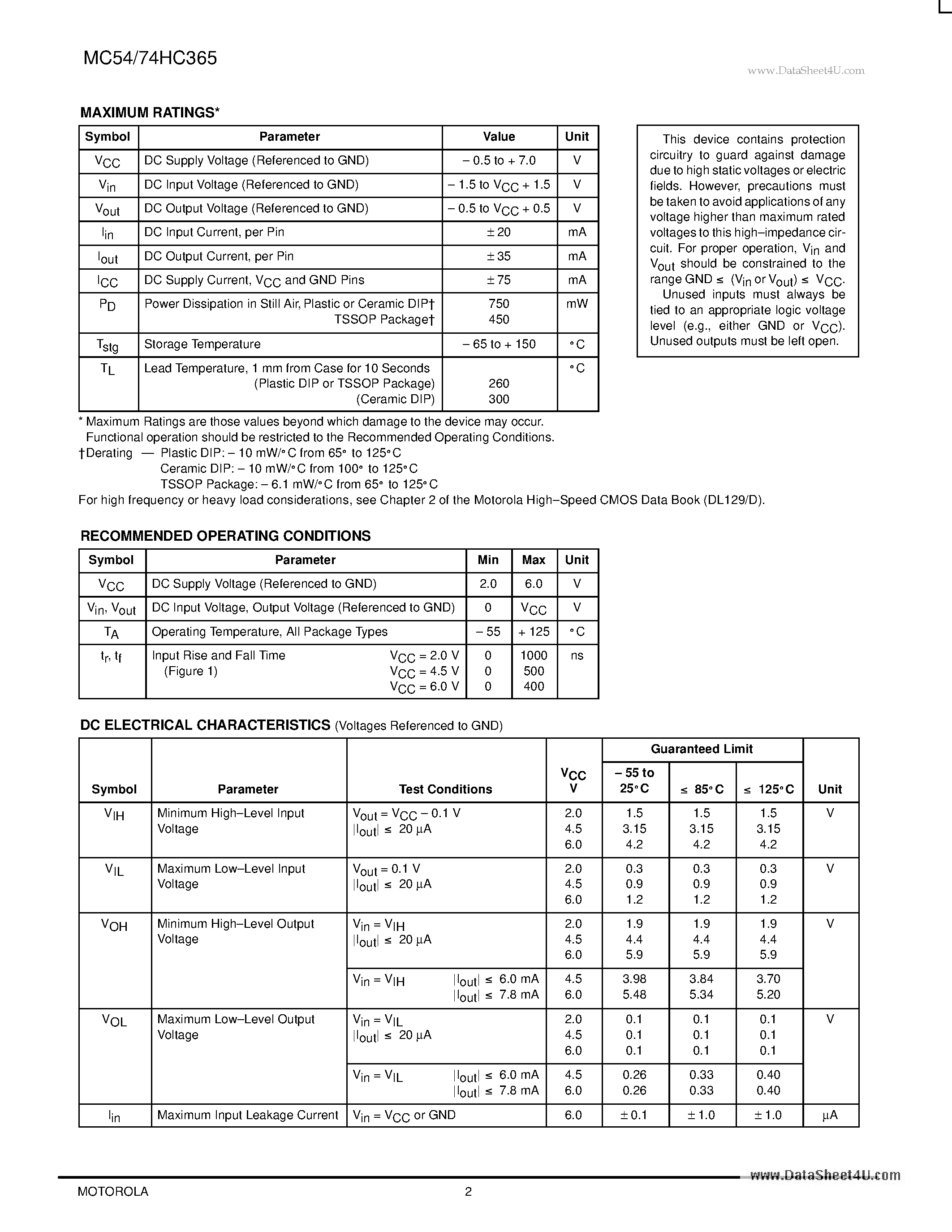 Datasheet MC54HC365 - Hex 3-State Noninverting Buffer page 2