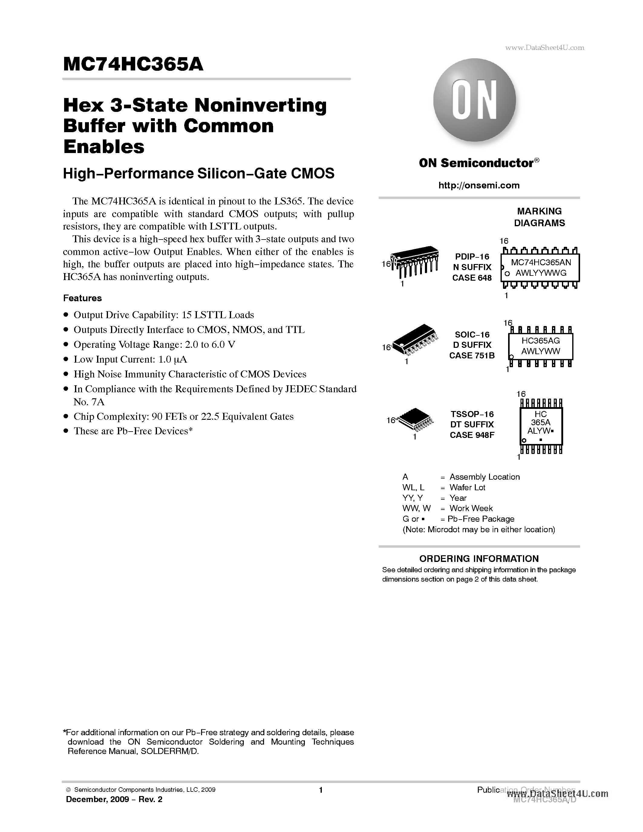Даташит MC74HC365A - Hex 3-State Noninverting Buffer страница 1