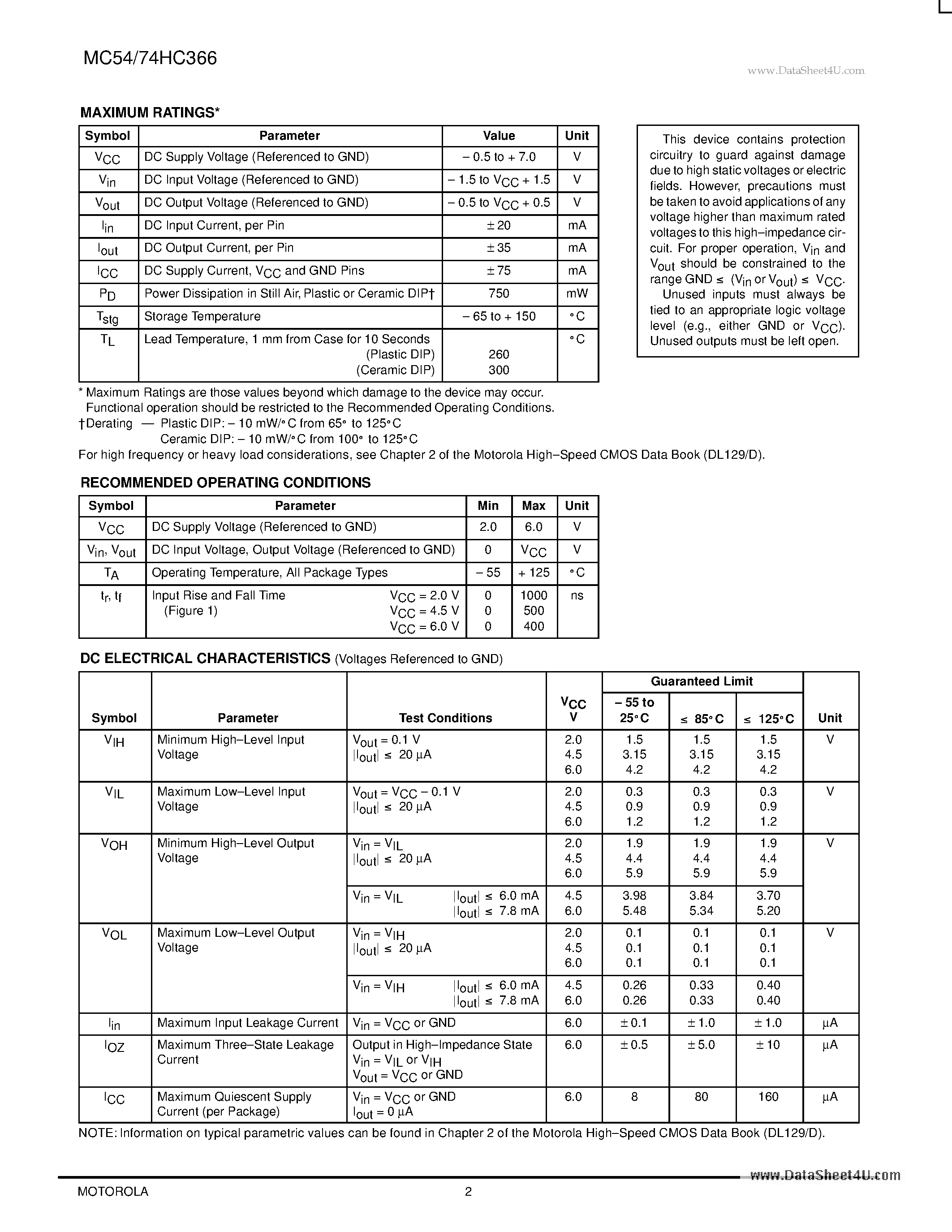 Datasheet MC54HC366 - Hex 3-State Inverting Buffer page 2