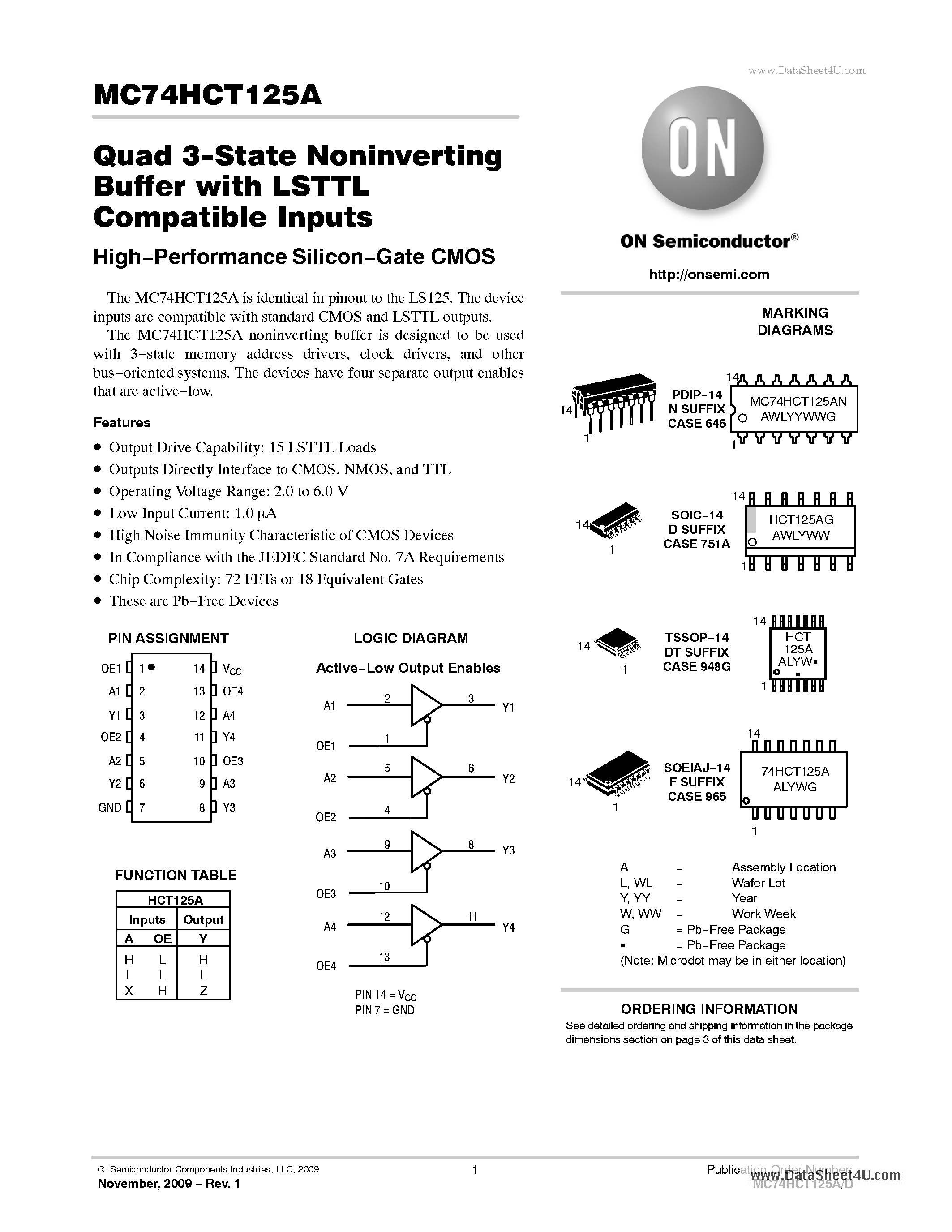 Даташит MC74HCT125A - Quad 3-State Noninverting Buffer страница 1