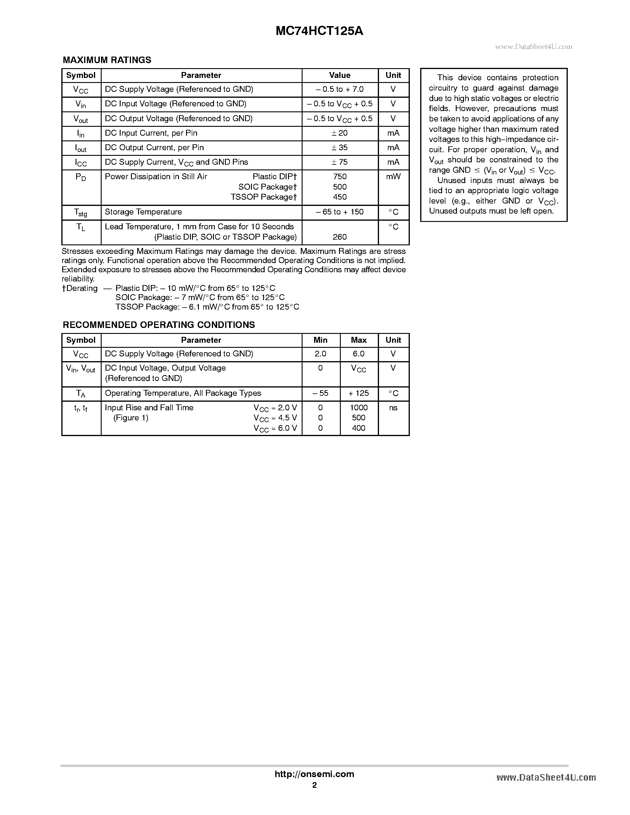 Даташит MC74HCT125A - Quad 3-State Noninverting Buffer страница 2