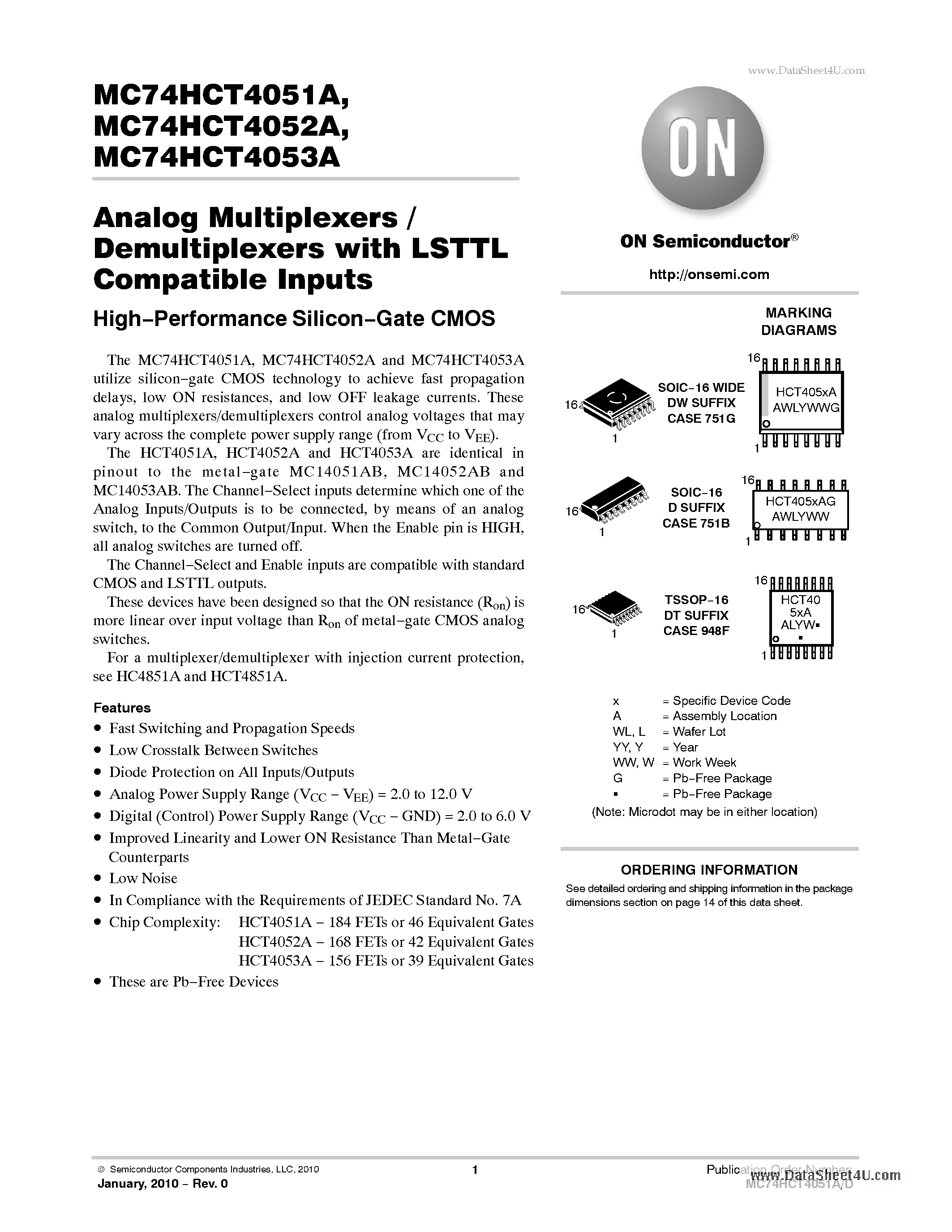 Даташит MC74HCT4051A - Analog Multiplexers / Demultiplexers страница 1