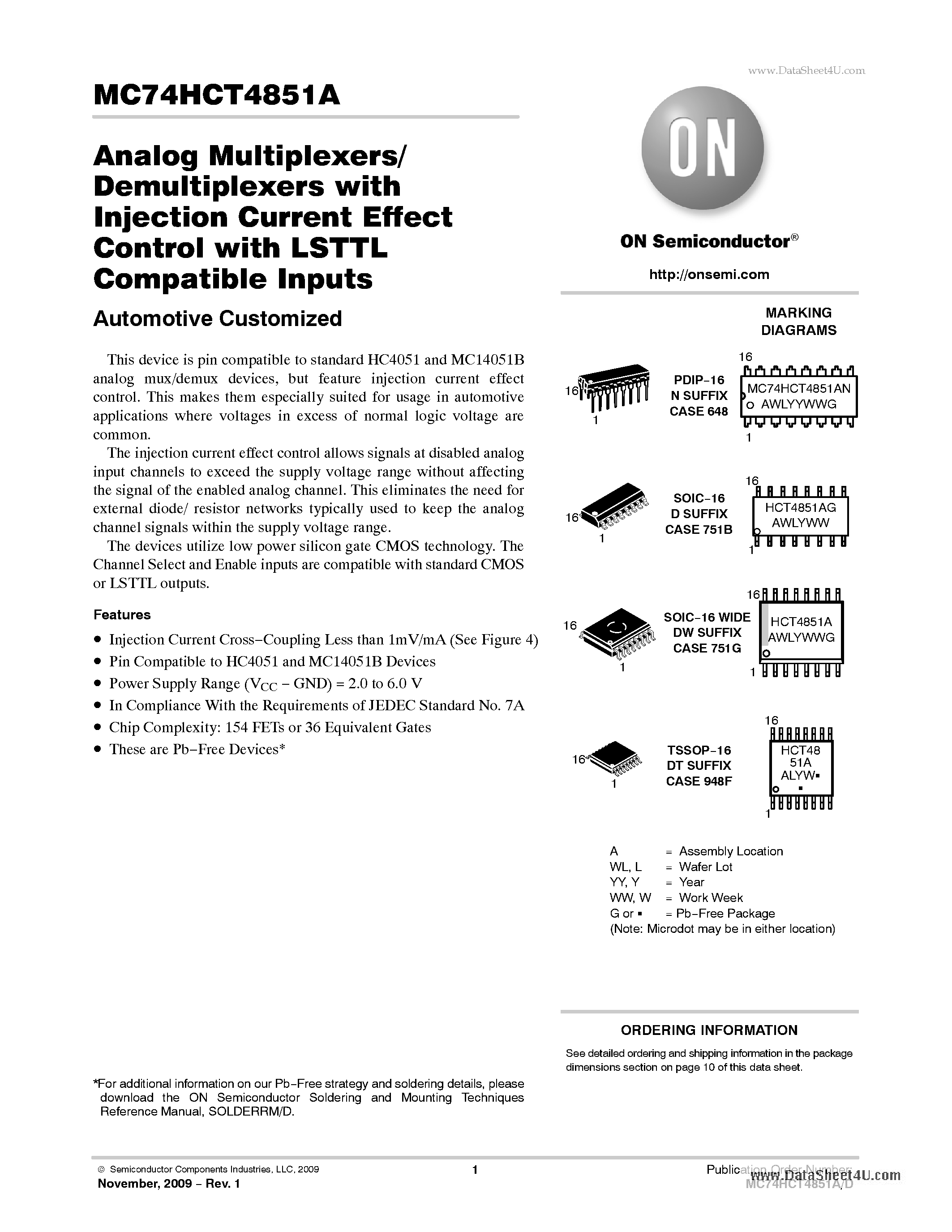 Даташит MC74HCT4851A - Analog Multiplexers / Demultiplexers страница 1