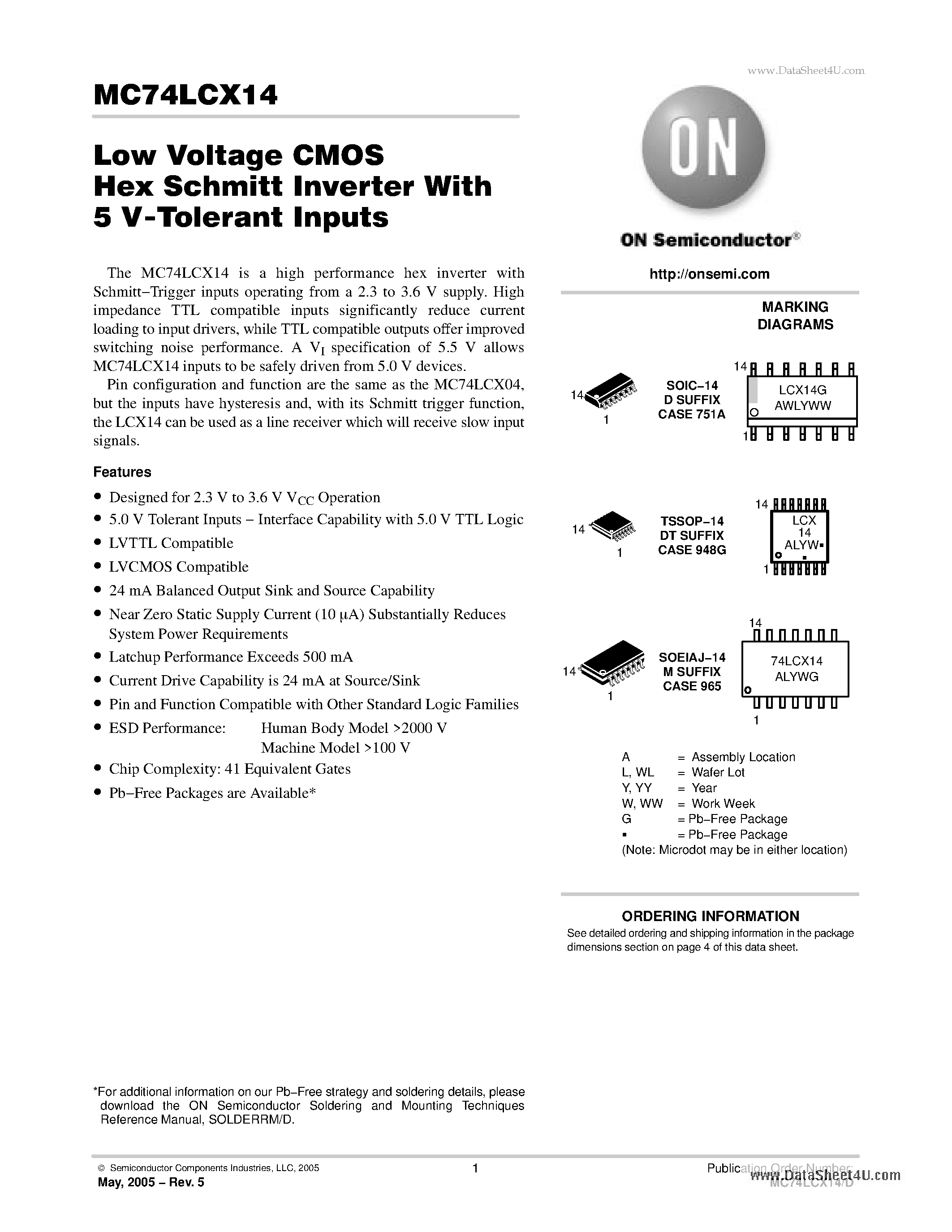 Даташит MC74LCX14 - Low Voltage CMOS Hex Schmitt Inverter страница 1