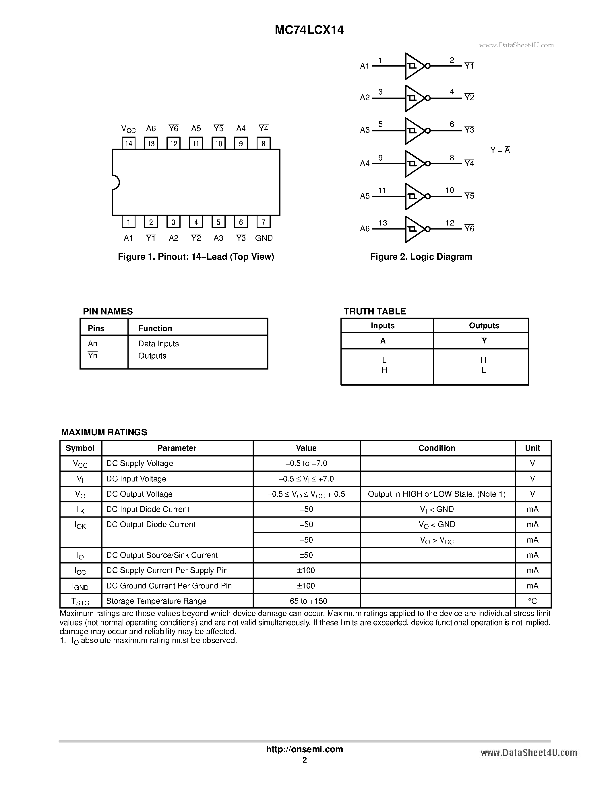 Даташит MC74LCX14 - Low Voltage CMOS Hex Schmitt Inverter страница 2