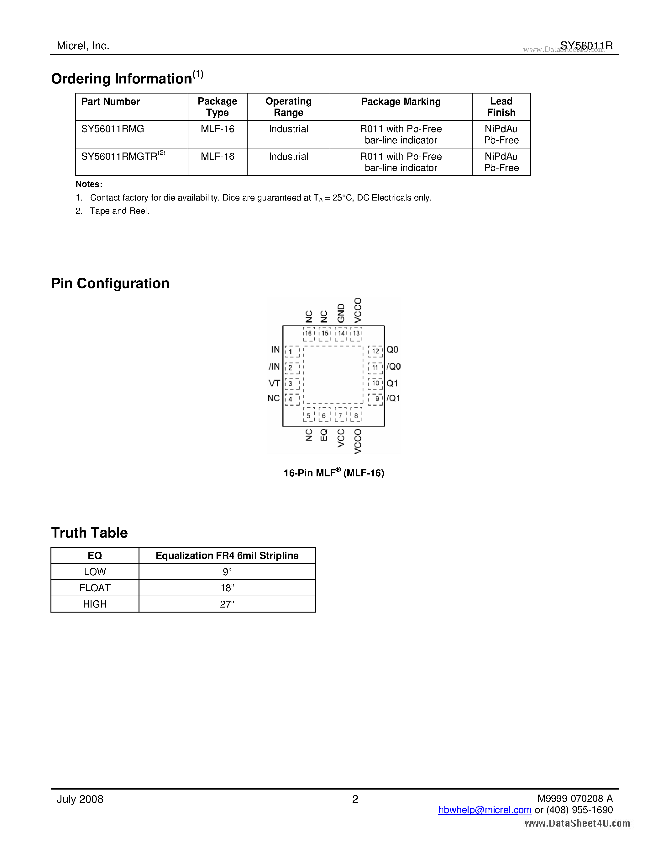 Даташит на микросхему SY56011R страница 2 Даташит SY56011R - Low Voltage 1.2V/1.8V/2.5V CML 1:2 Fanout Buffer 6.4Gbps страница 2
