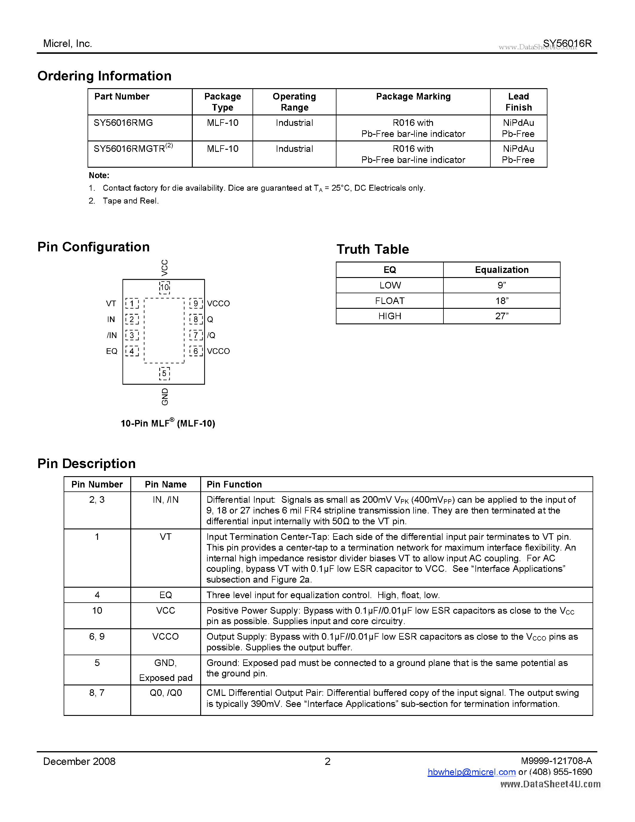 Datasheet SY56016R - Low Voltage 1.2V/1.8V/2.5V CML Differential Line Driver/Receiver 6.4Gbps page 2