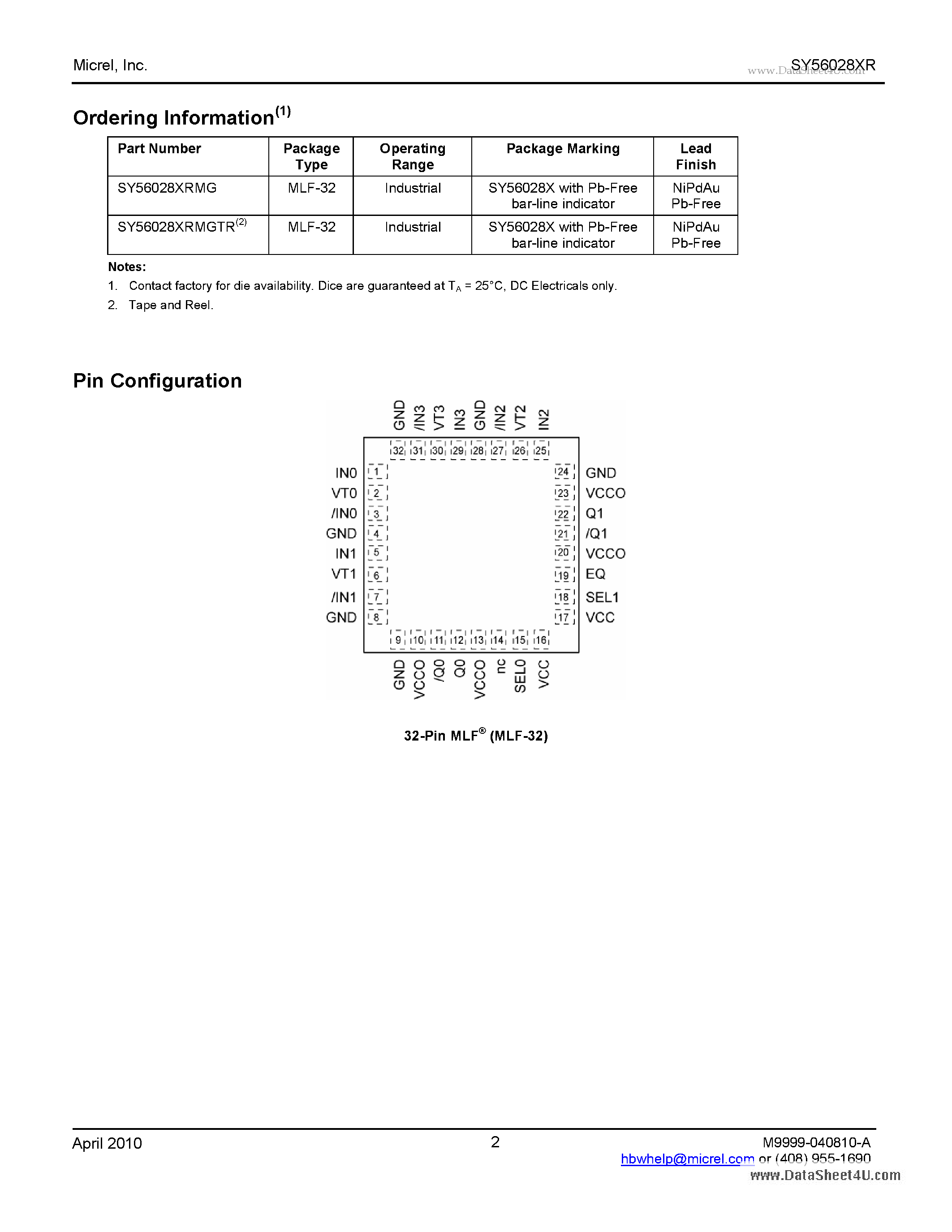 Datasheet SY56028XR - Low Voltage 1.2V/1.8V/2.5V CML 4:1 MUX page 2