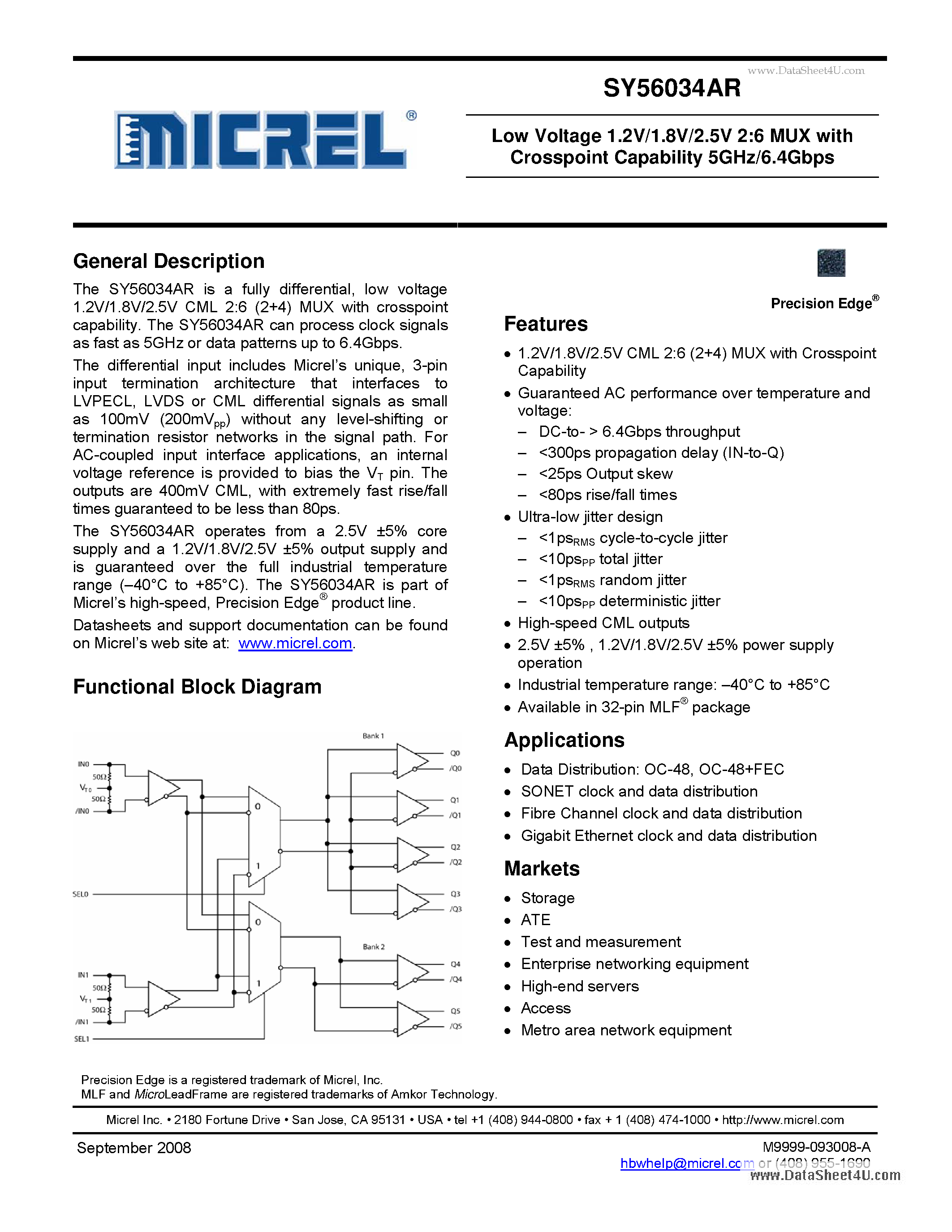 Datasheet SY56034AR - Low Voltage 1.2V/1.8V/2.5V CML 2:6 MUX page 1