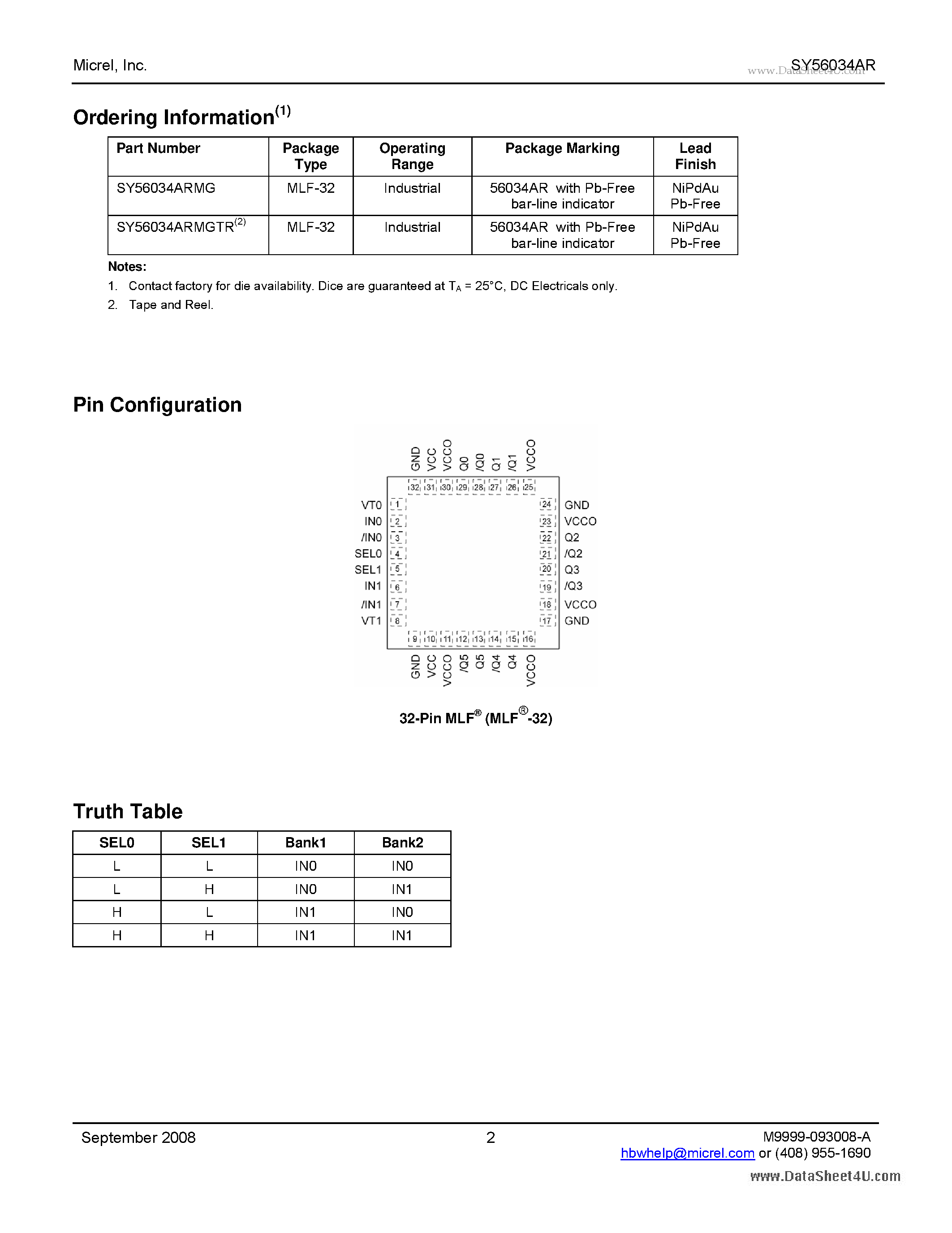 Datasheet SY56034AR - Low Voltage 1.2V/1.8V/2.5V CML 2:6 MUX page 2