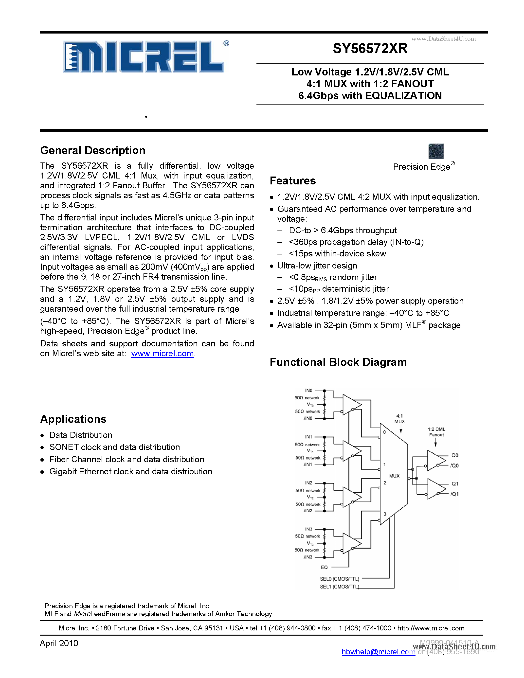 Datasheet SY56572XR - Low Voltage 1.2V/1.8V/2.5V CML 4:1 MUX page 1