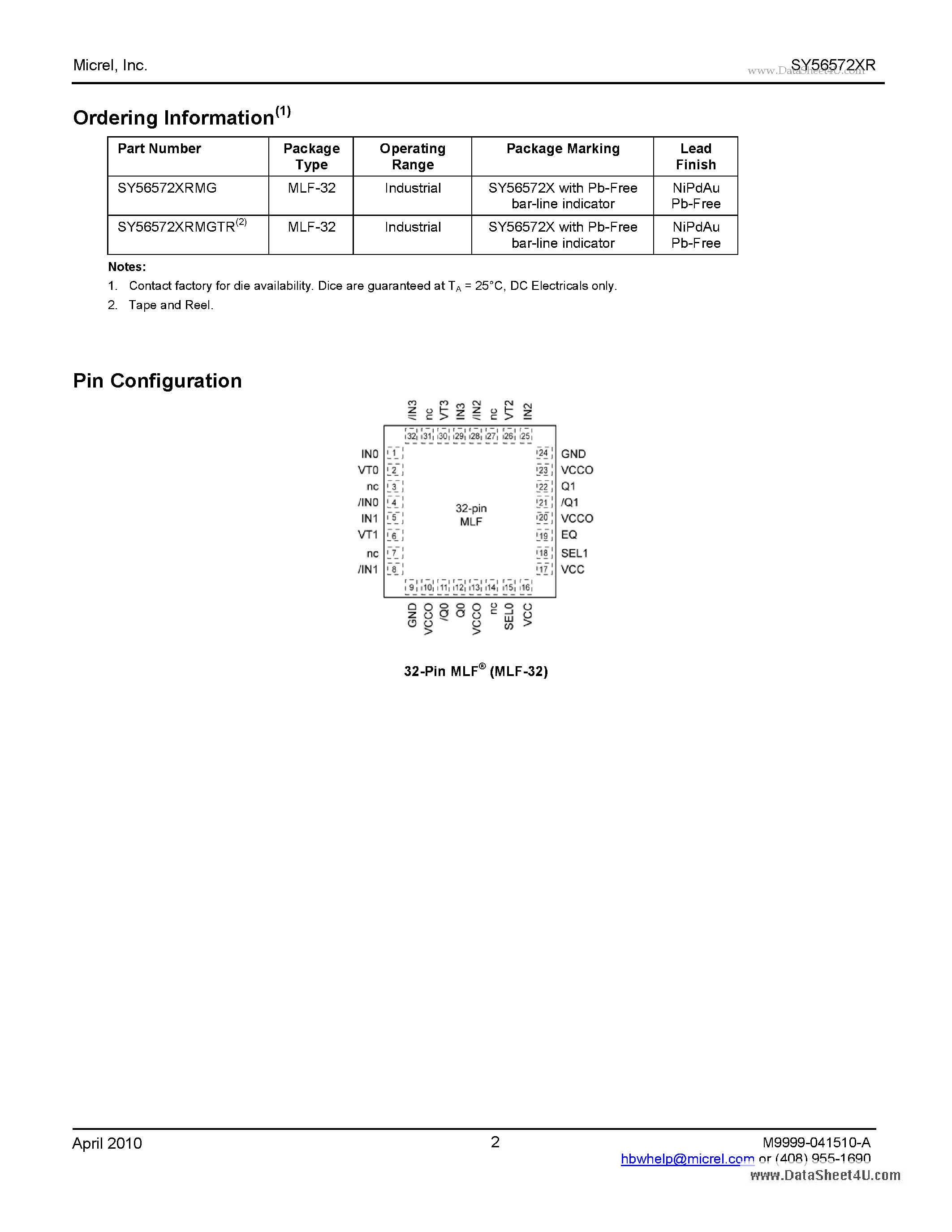 Datasheet SY56572XR - Low Voltage 1.2V/1.8V/2.5V CML 4:1 MUX page 2