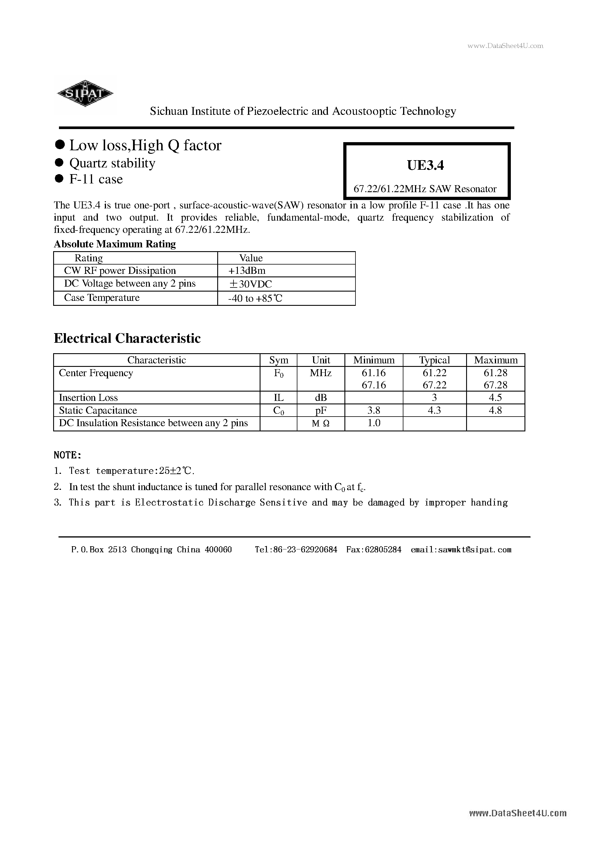 Datasheet UE3.4 - 67.22/61.22MHz SAW Resonator page 1