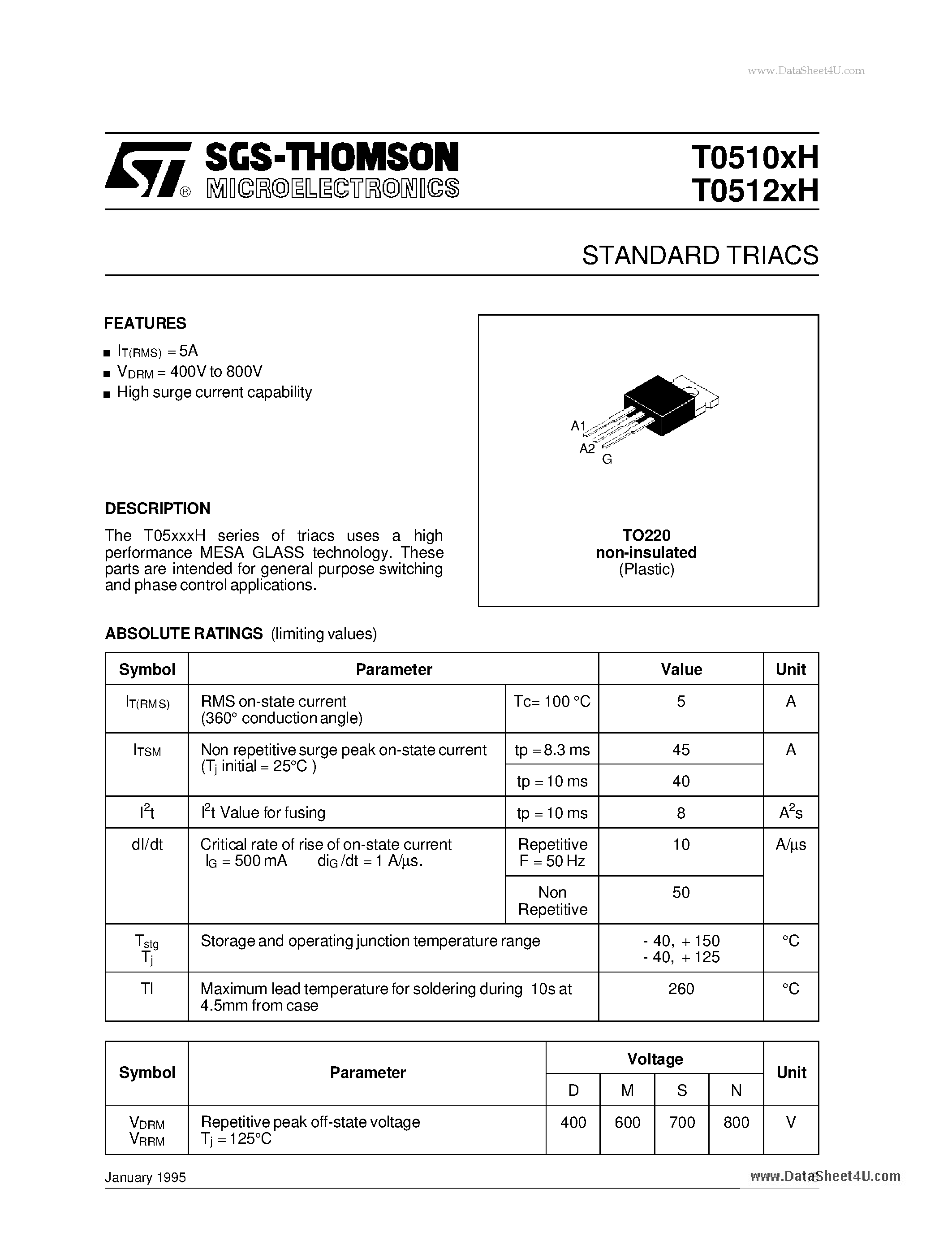 Datasheet T0510XH page 1 Datasheet T0510XH - STANDARD TRIACS page 1