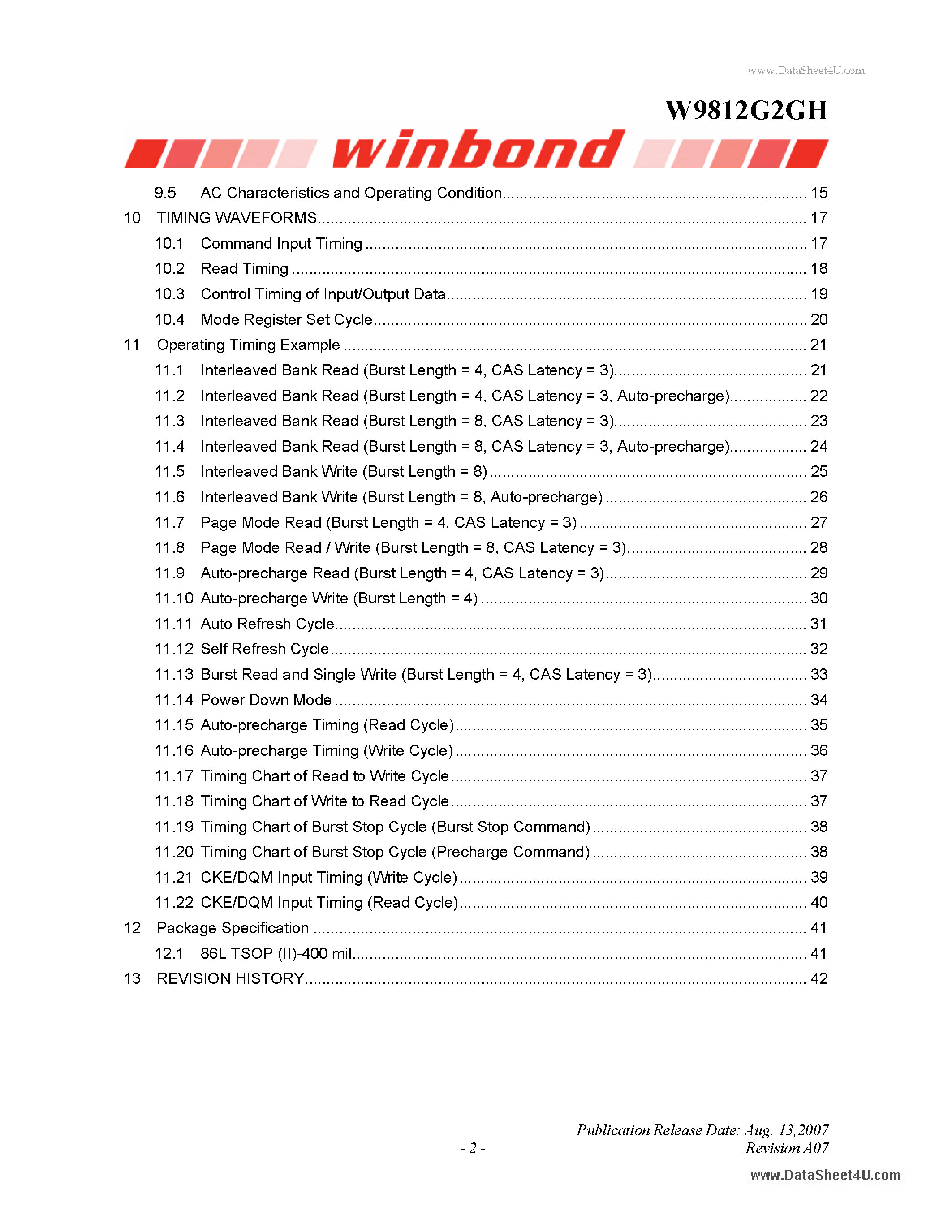 Datasheet W9812G2GH - a high-speed synchronous dynamic random access memory (SDRAM) page 2