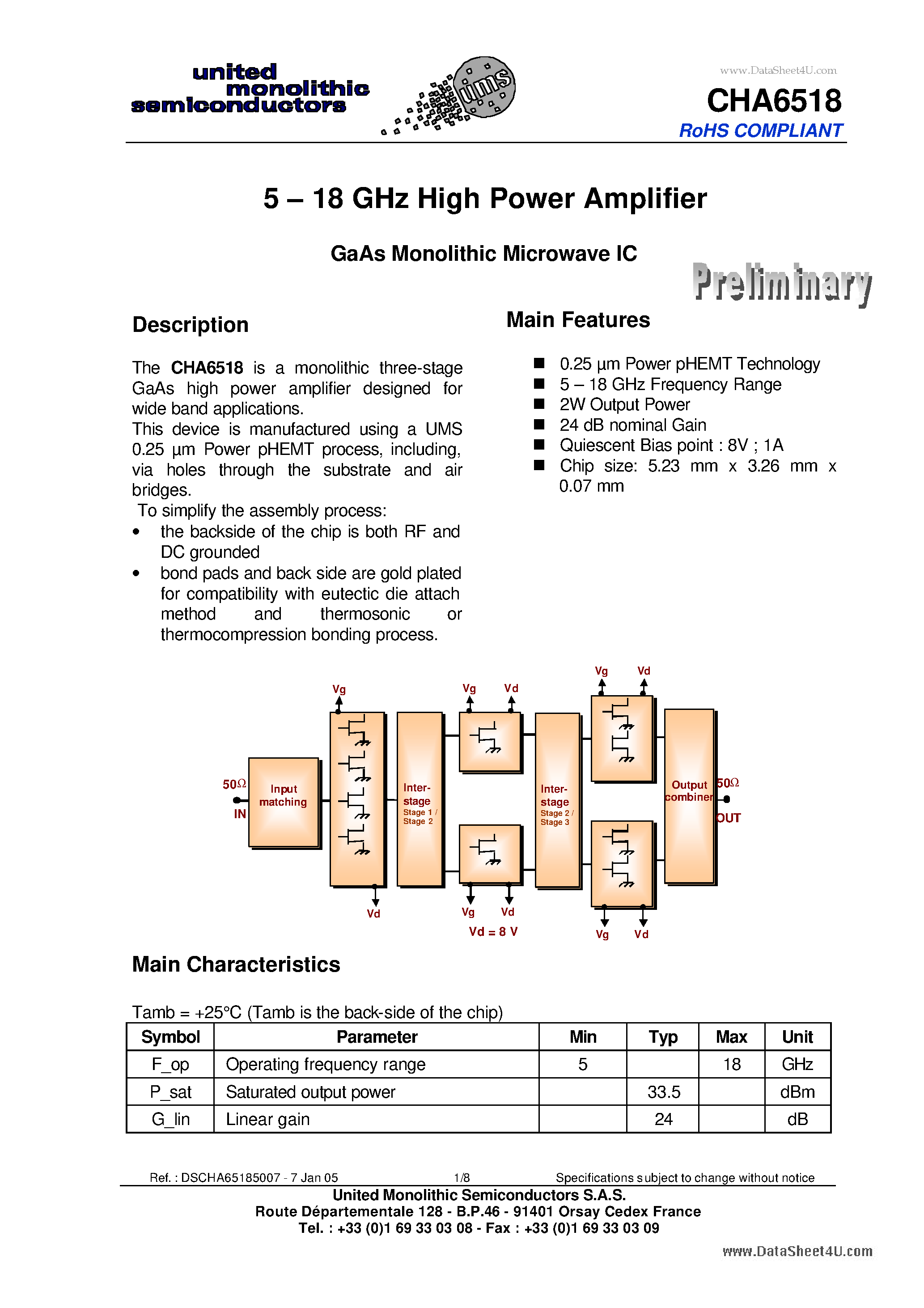 Datasheet CHA6518 - 5 - 18 GHz High Power Amplifier page 1