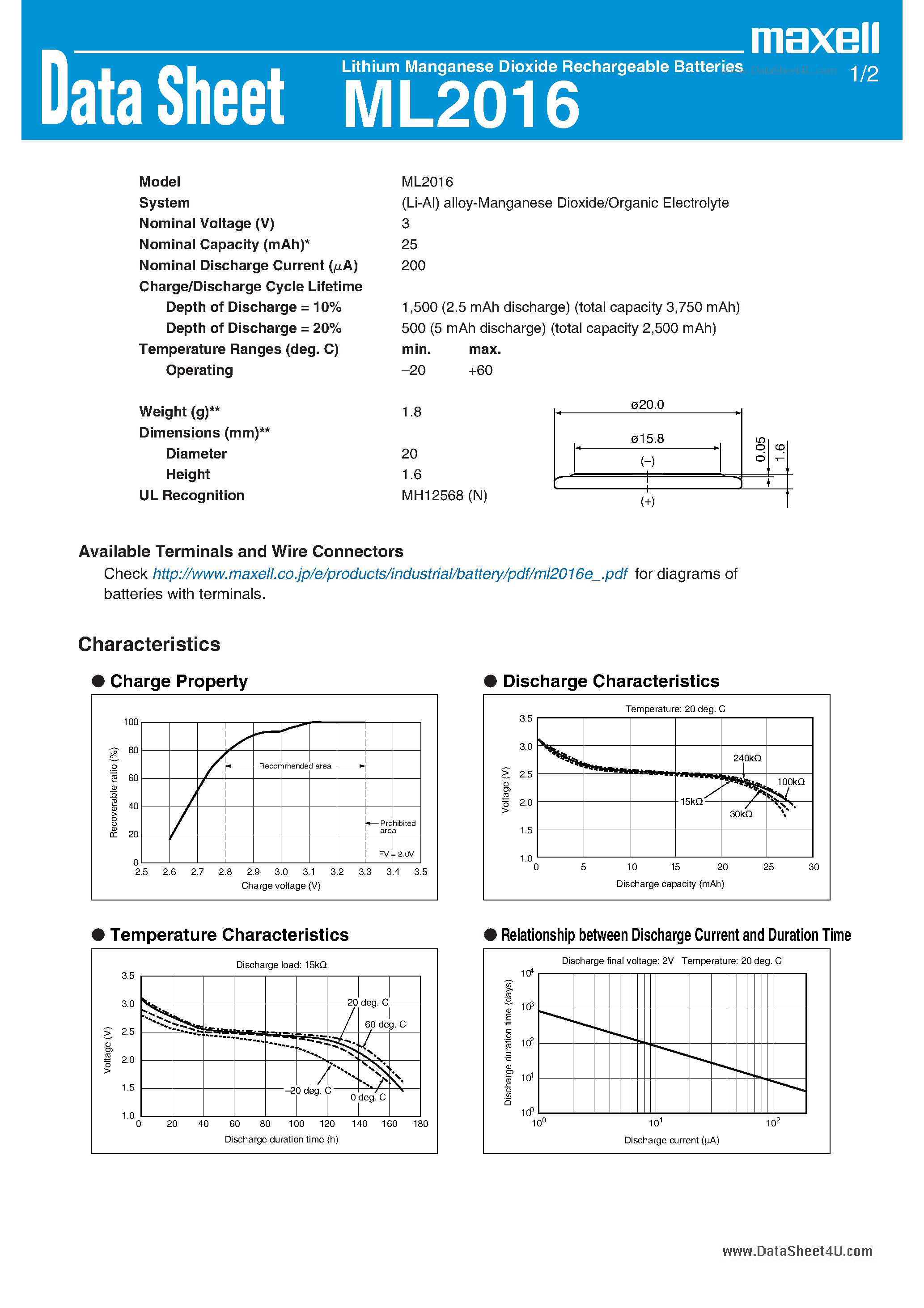 Datasheet ML2016 - Lithium Manganese Dioxide Rechargeable Batteries page 1