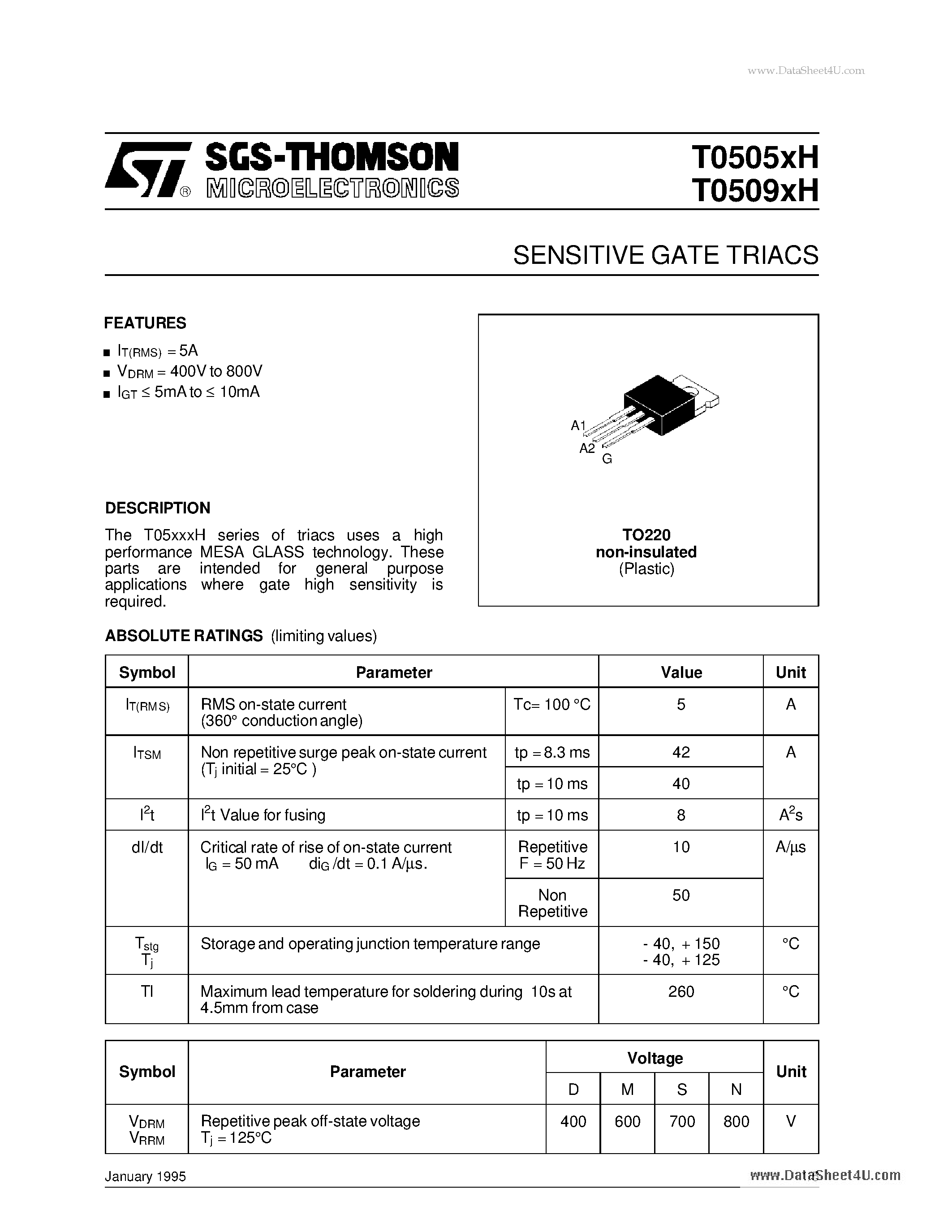 Datasheet T0505XH page 1 Datasheet T0505XH - SENSITIVE GATE TRIACS page 1