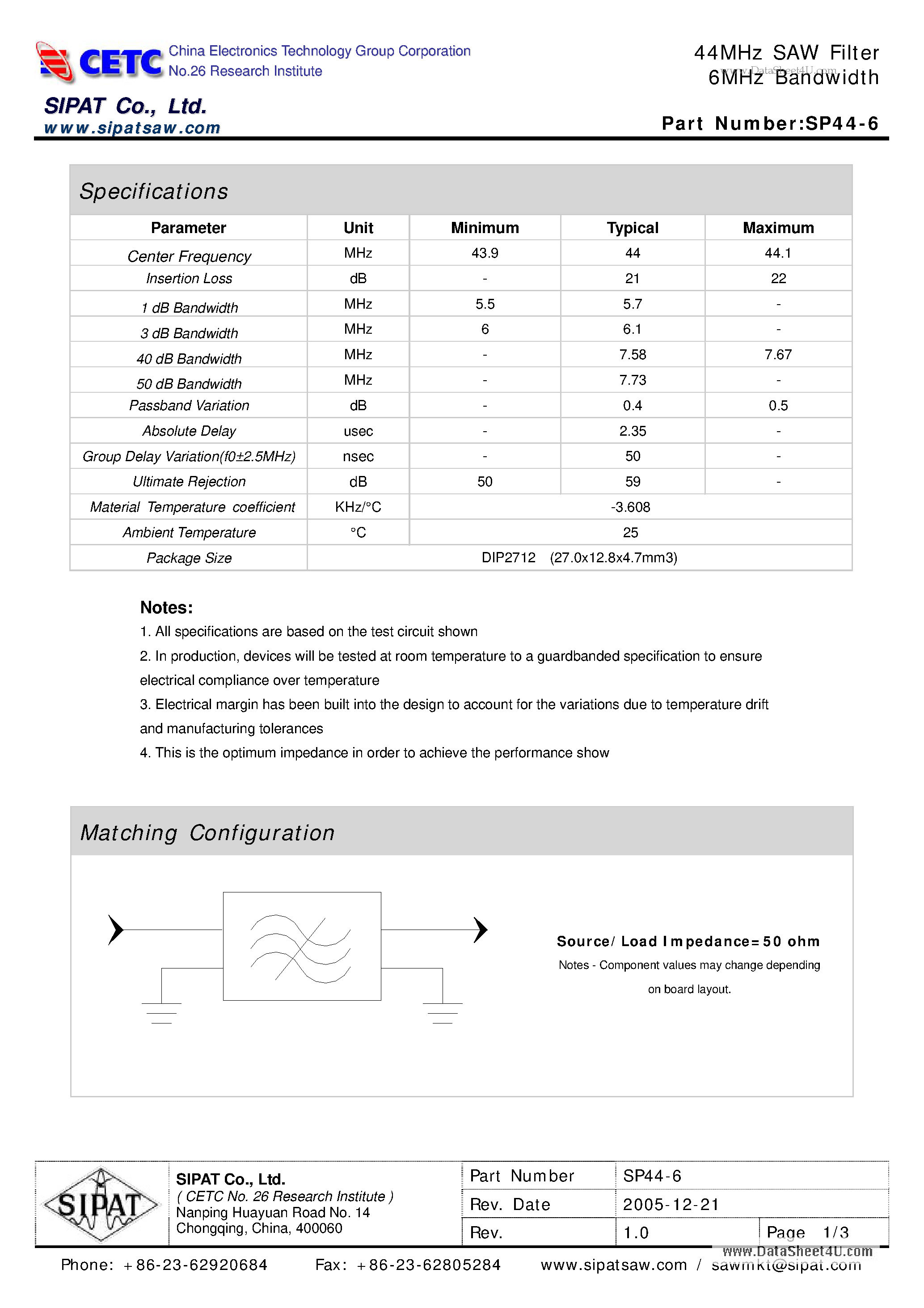 Datasheet SP44-6 page 1 Datasheet SP44-6 - 44MHz SAW Filter 6MHz Bandwidth page 1
