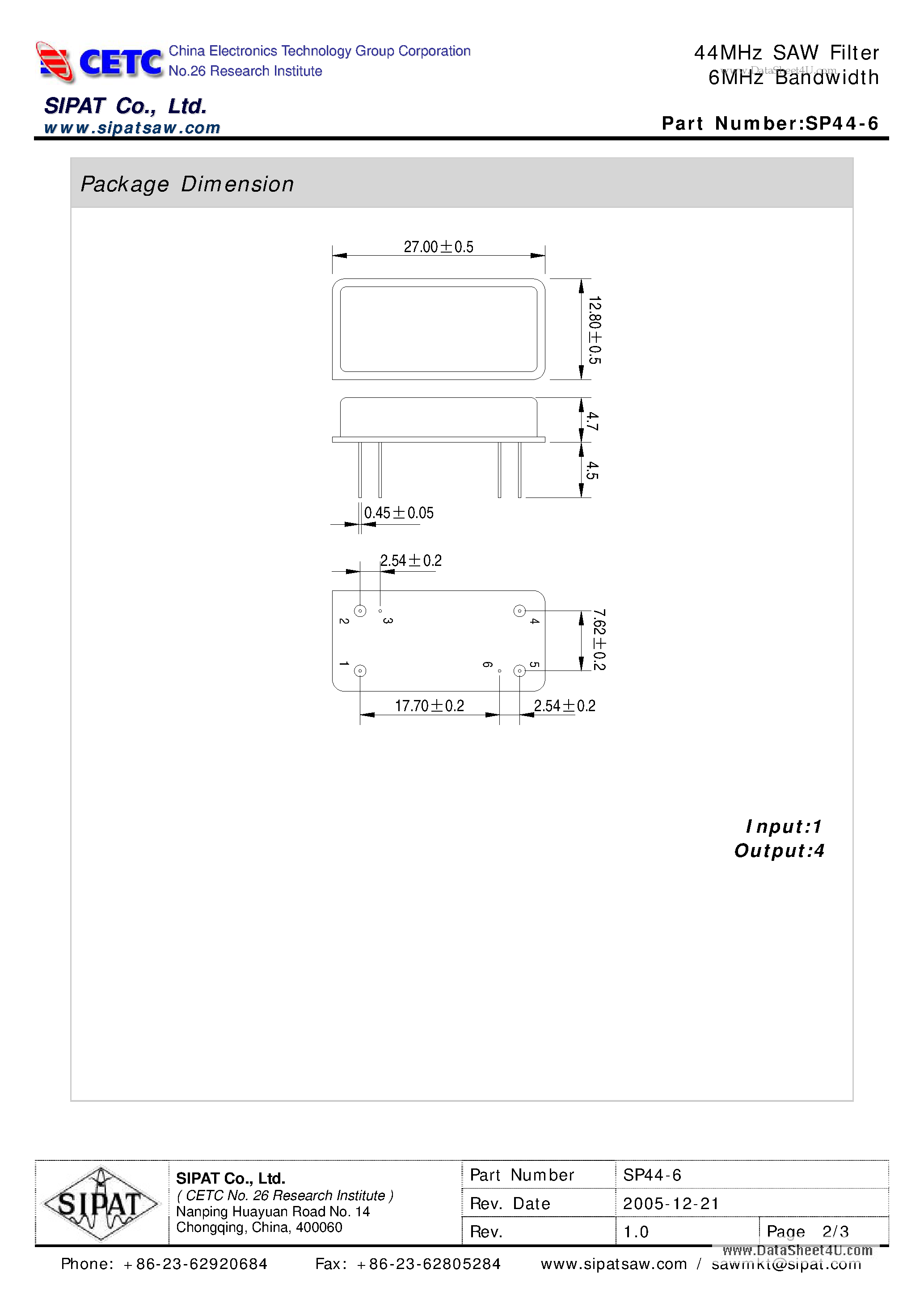 Datasheet SP44-6 page 2 Datasheet SP44-6 - 44MHz SAW Filter 6MHz Bandwidth page 2