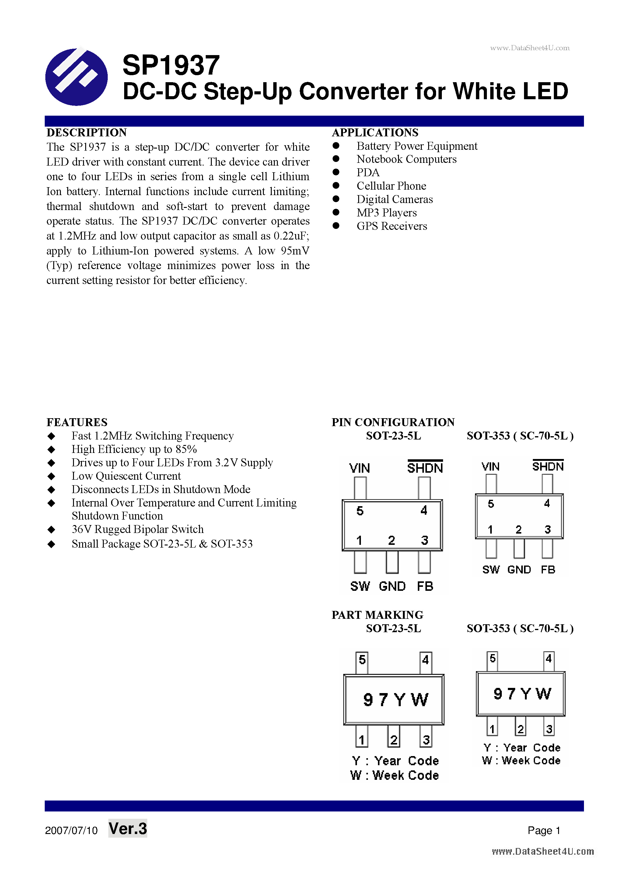 Datasheet SP1937 - DC-DC Step-Up Converter page 1