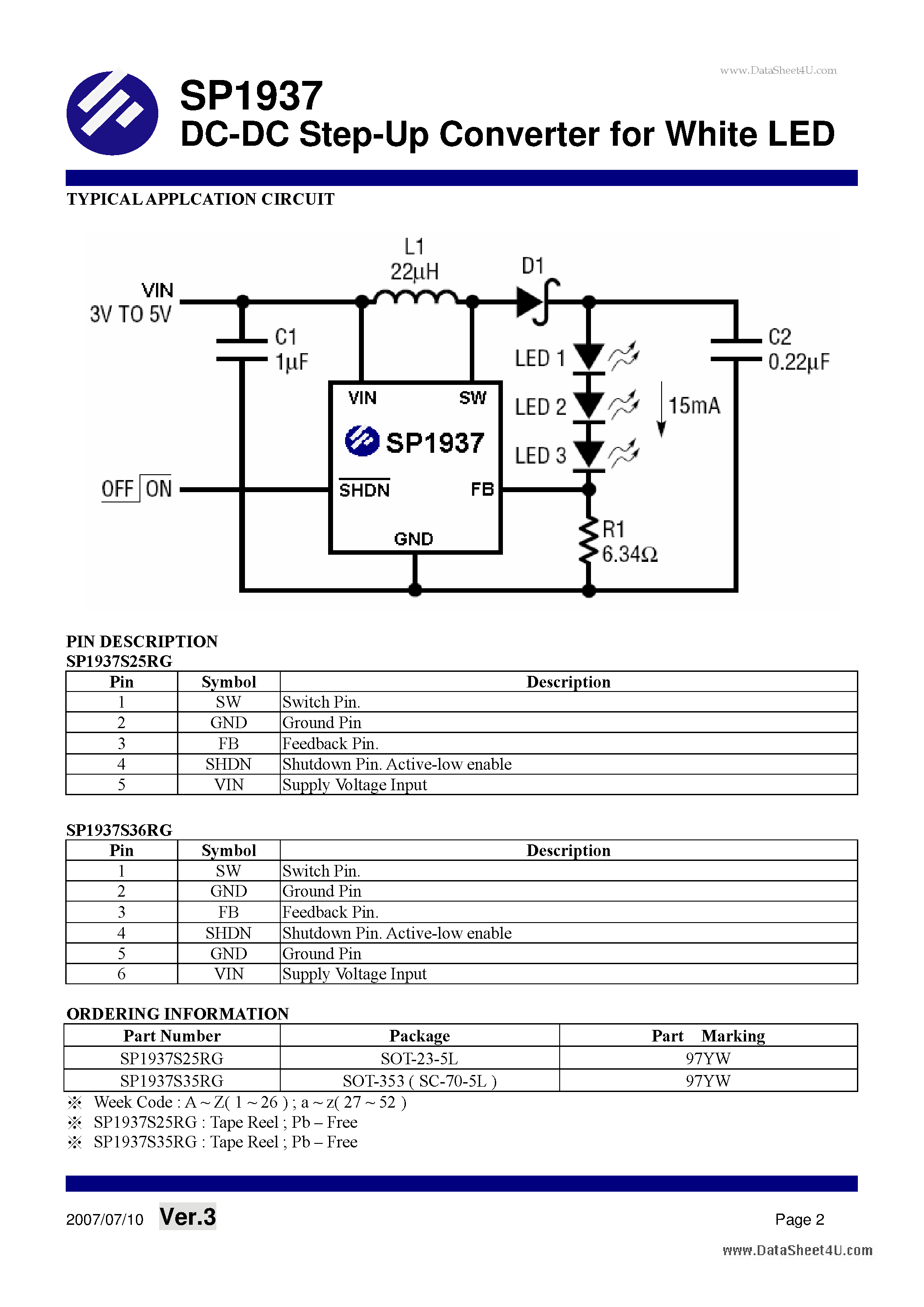 Datasheet SP1937 - DC-DC Step-Up Converter page 2
