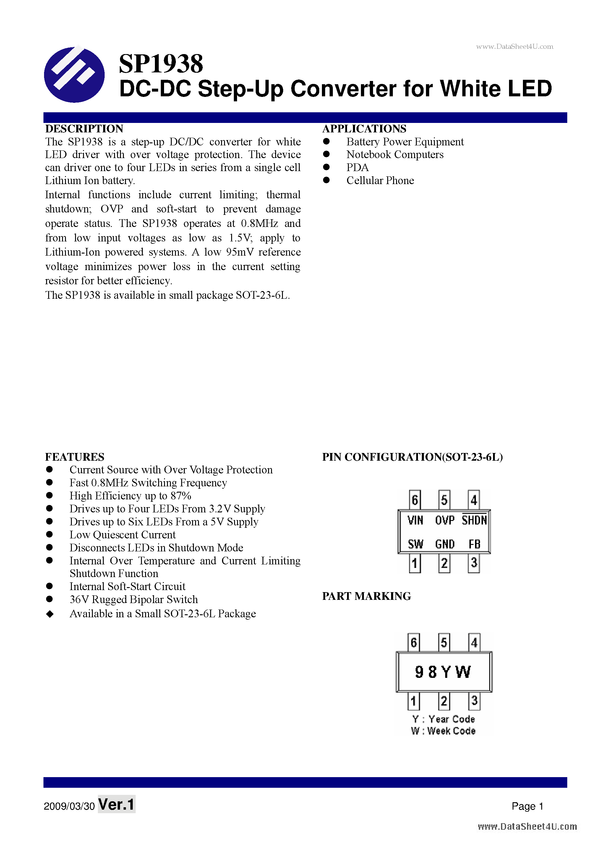 Datasheet SP1938 page 1 Datasheet SP1938 - DC-DC Step-Up Converter page 1