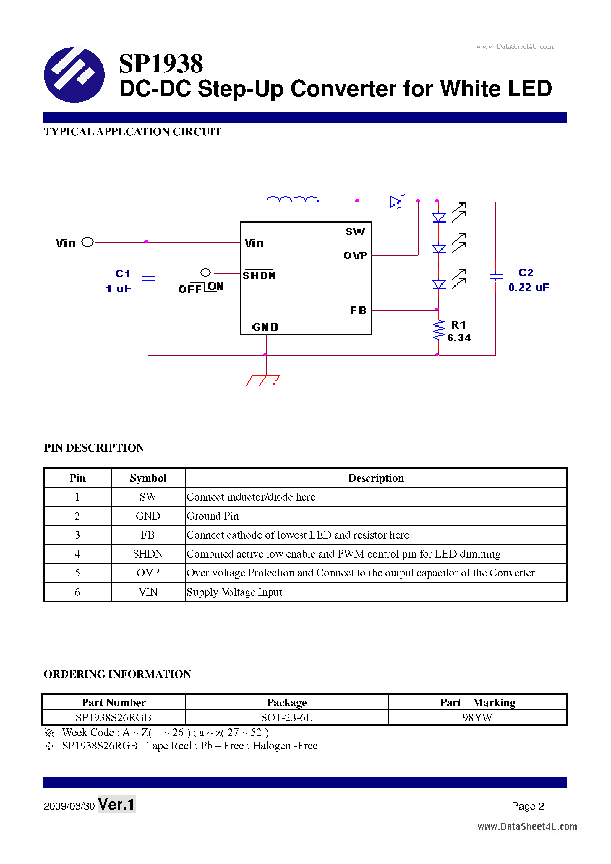 Datasheet SP1938 page 2 Datasheet SP1938 - DC-DC Step-Up Converter page 2