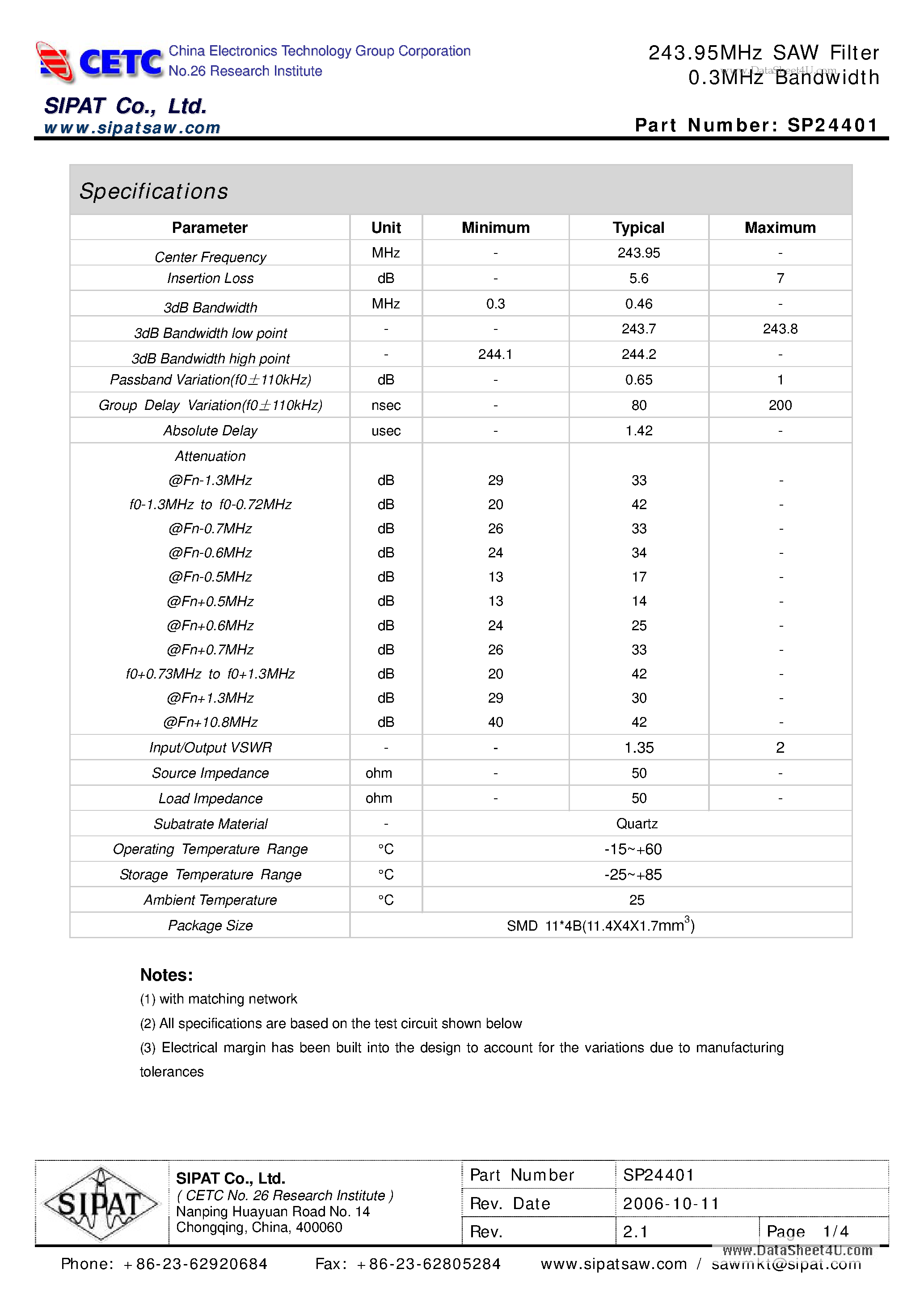 Datasheet SP24401 - 243.95MHz SAW Filter 0.3MHz Bandwidth page 1