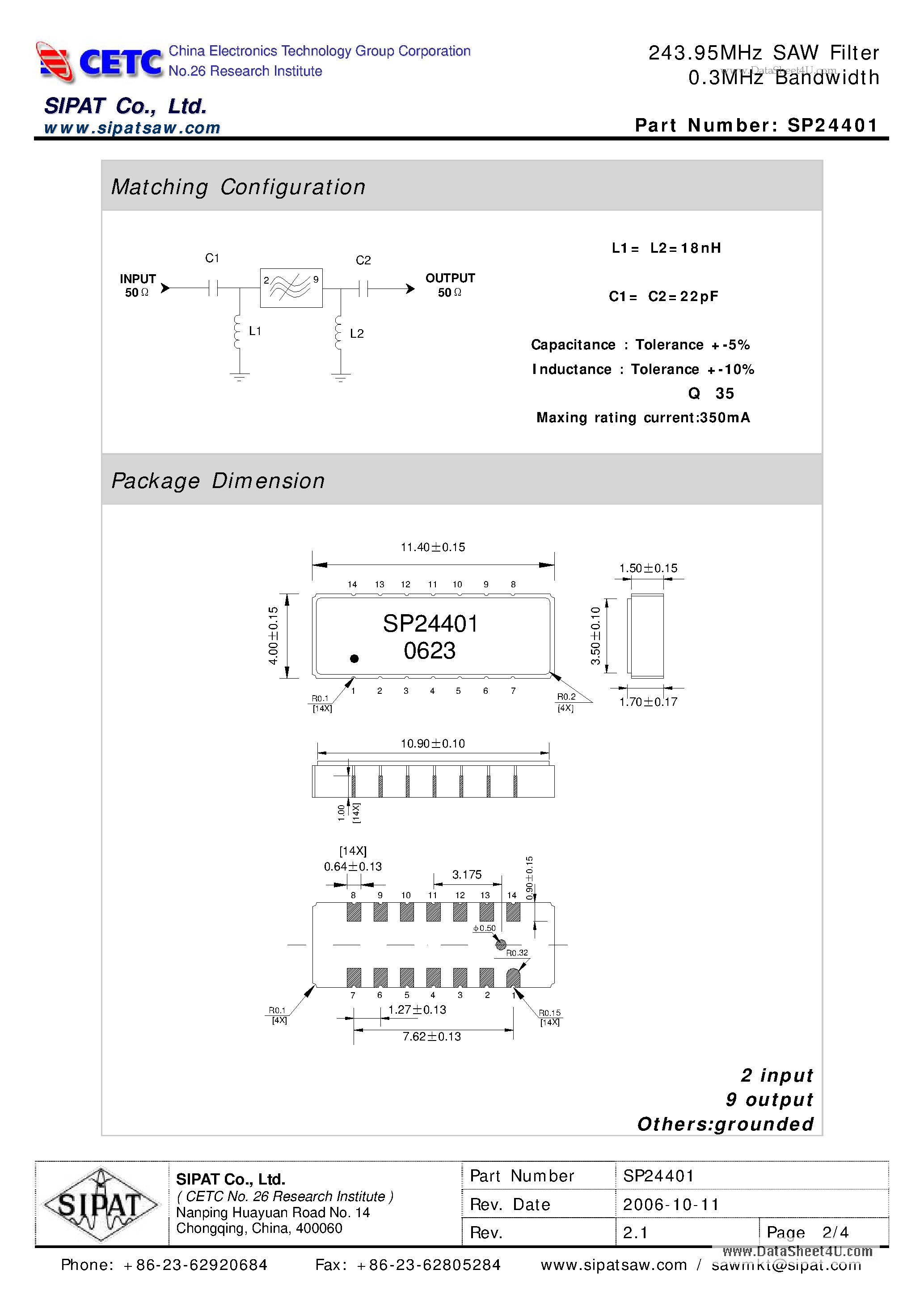 Datasheet SP24401 - 243.95MHz SAW Filter 0.3MHz Bandwidth page 2