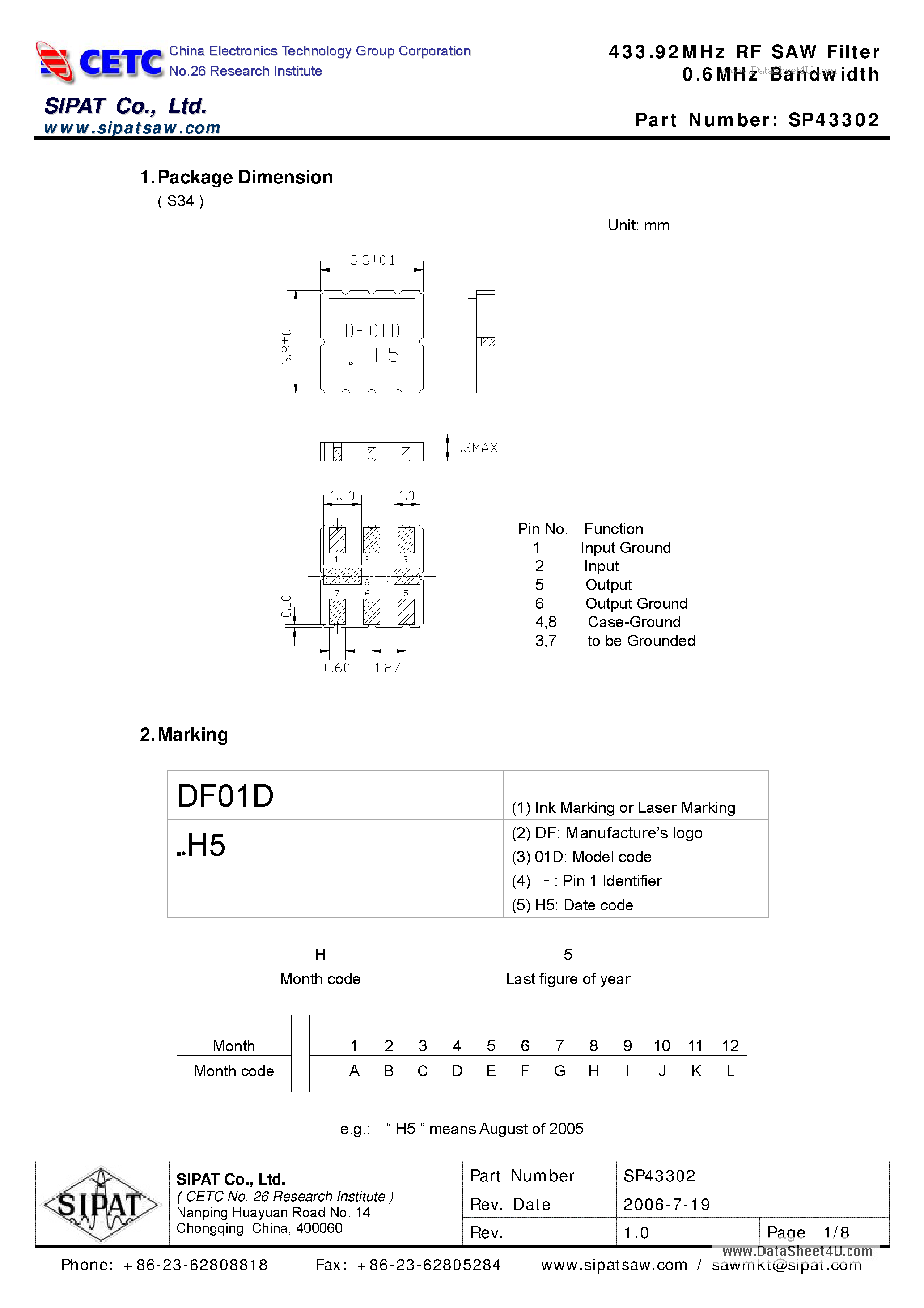 Datasheet SP43302 - 433.92MHz RF SAW Filter 0.6MHz Bandwidth page 1