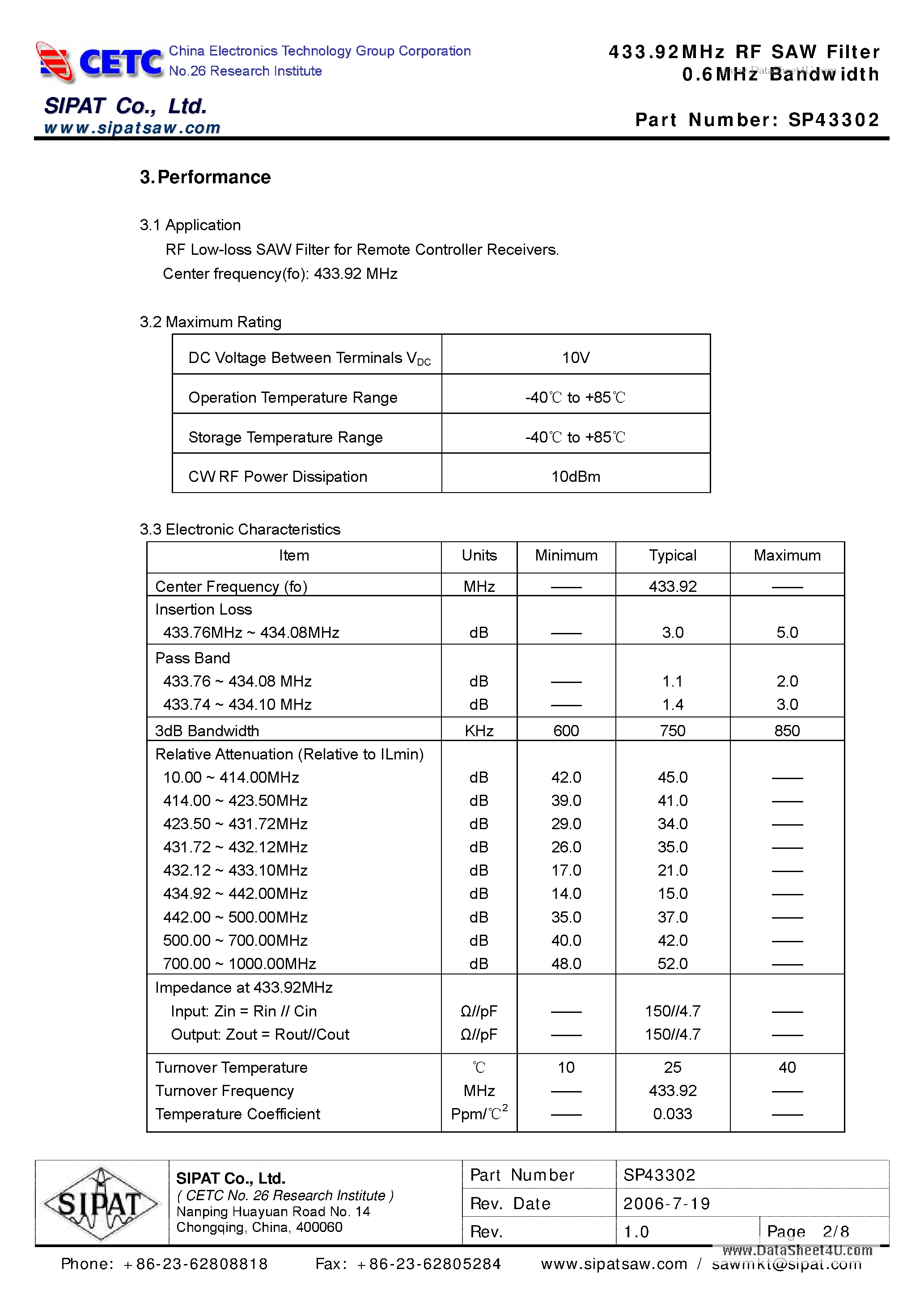 Datasheet SP43302 - 433.92MHz RF SAW Filter 0.6MHz Bandwidth page 2