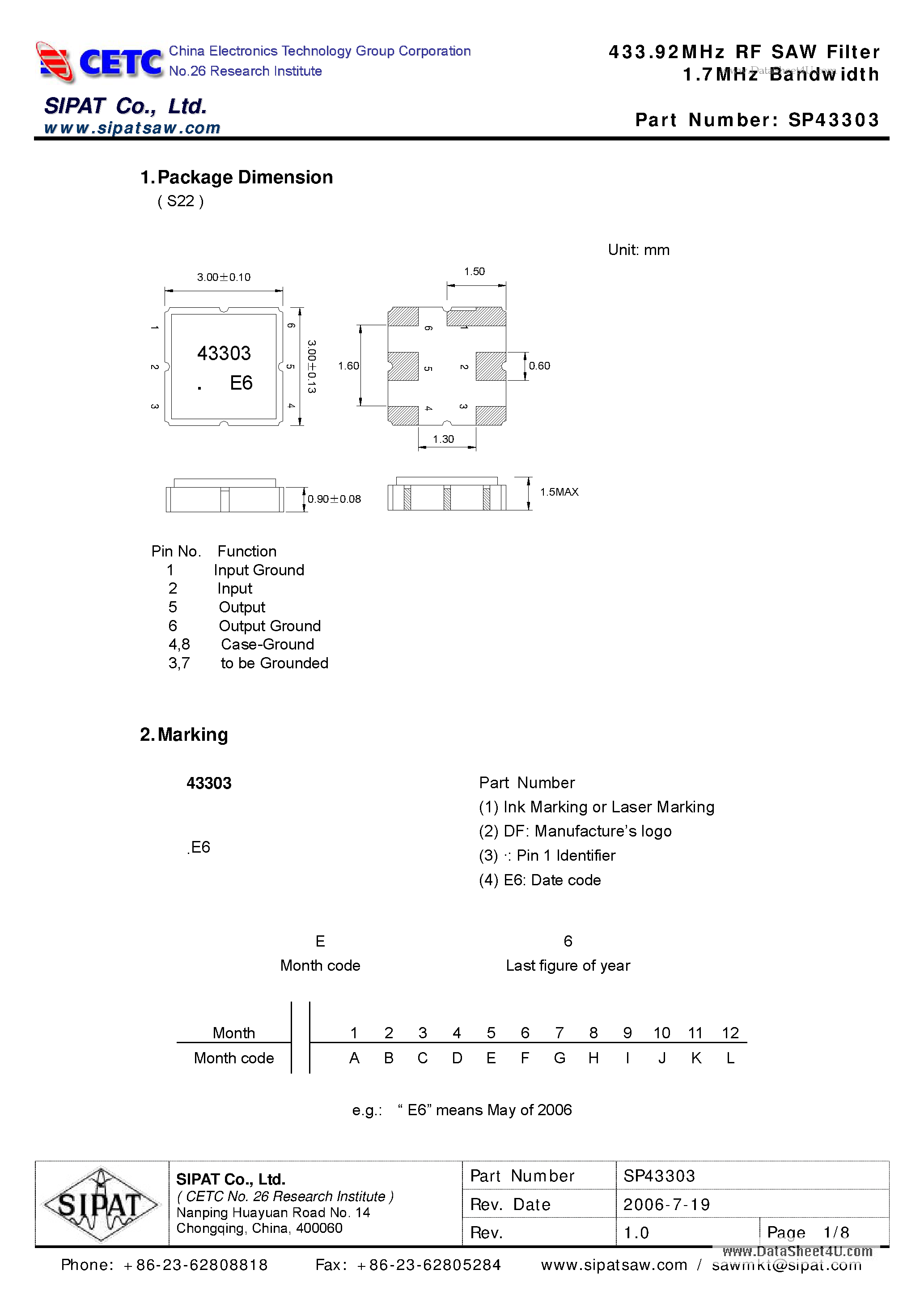 Datasheet SP43303 - 433.92MHz RF SAW Filter 1.7MHz Bandwidth page 1