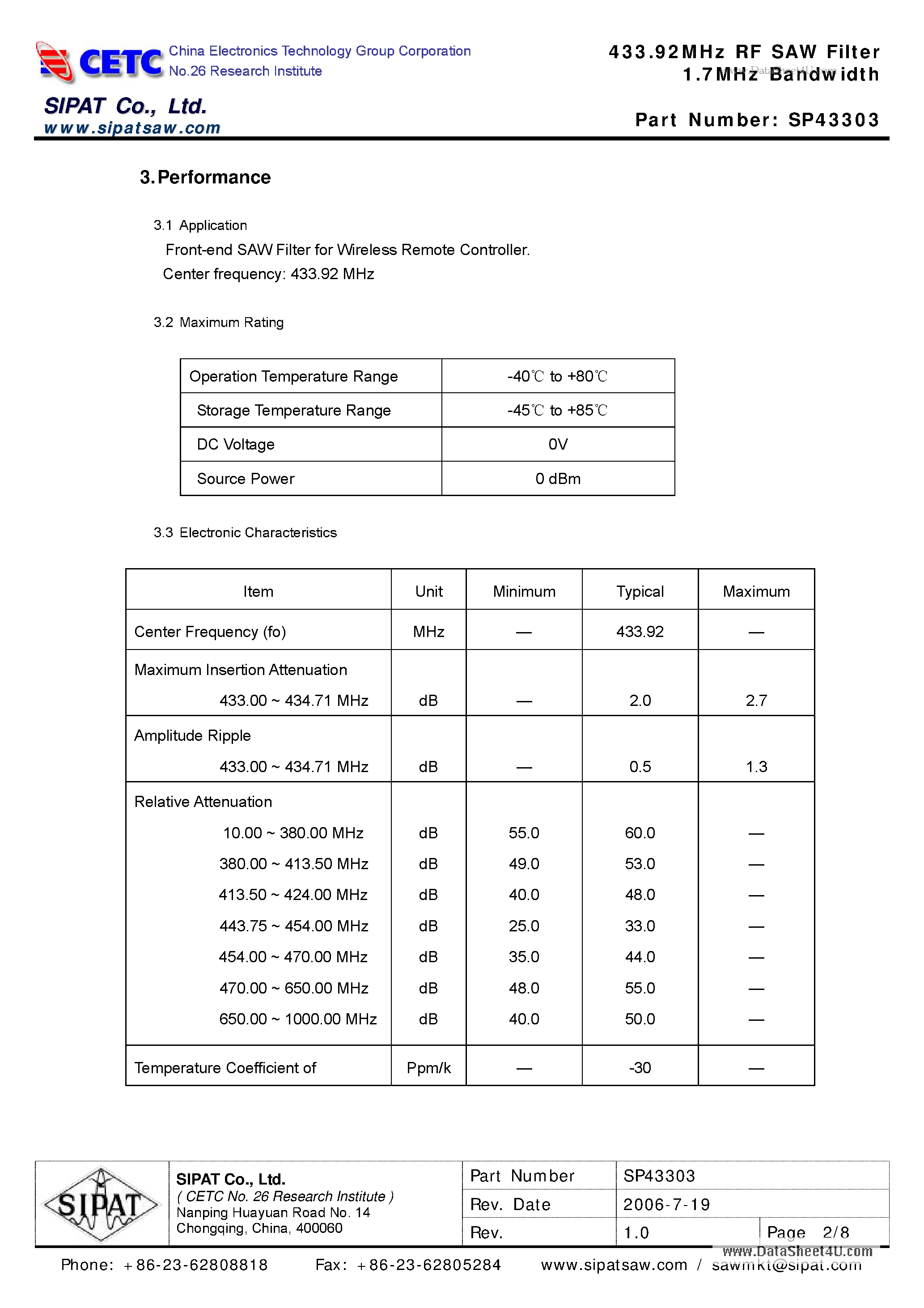 Datasheet SP43303 - 433.92MHz RF SAW Filter 1.7MHz Bandwidth page 2