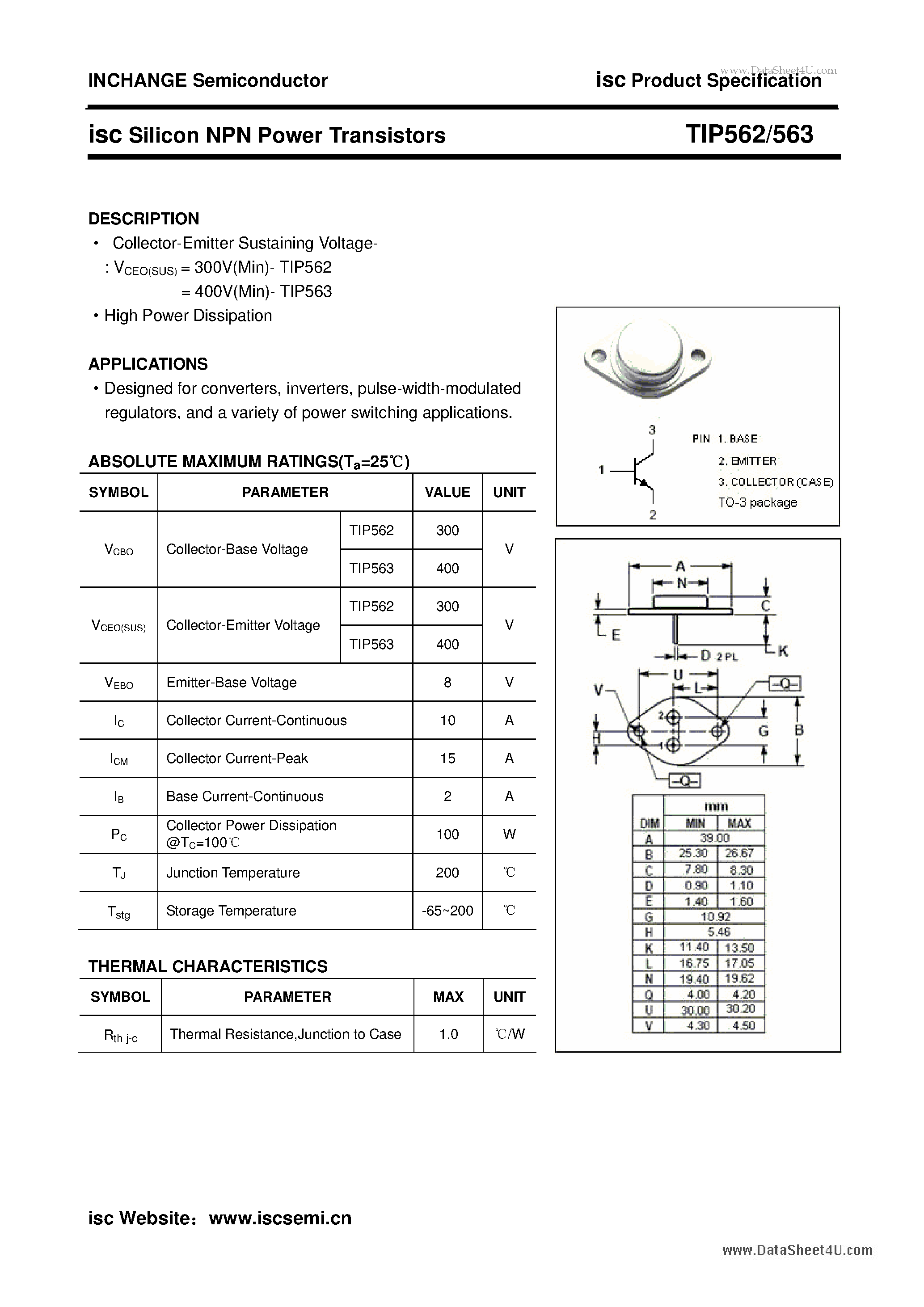 Datasheet TIP562 - isc Silicon NPN Power Transistors page 1